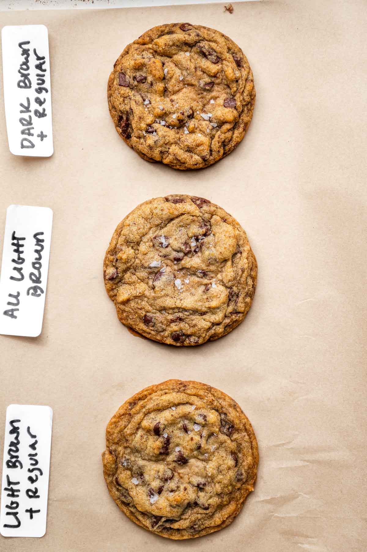 three cookies with labels of what type of sugar was used.