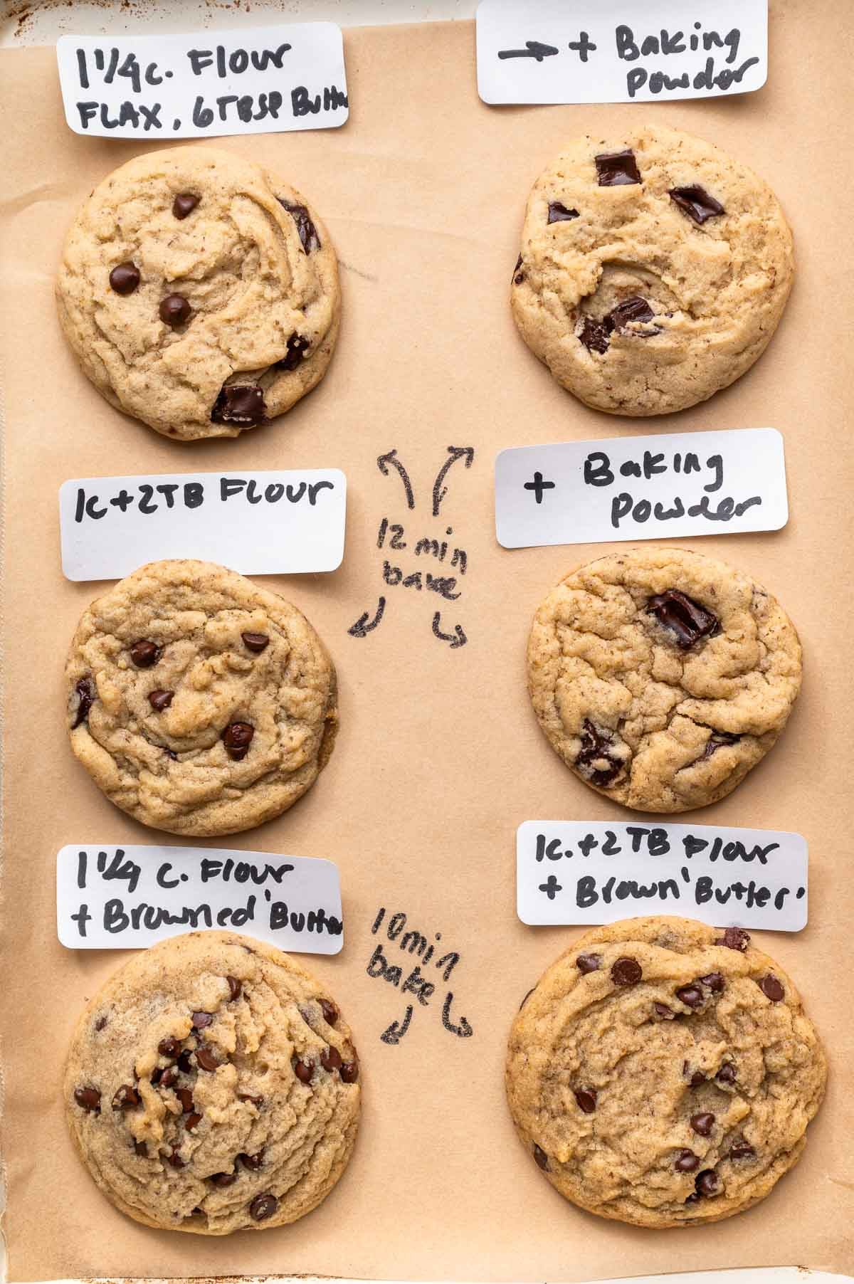 six cookies with labels of how much flour and the type of dairy-free butter used.