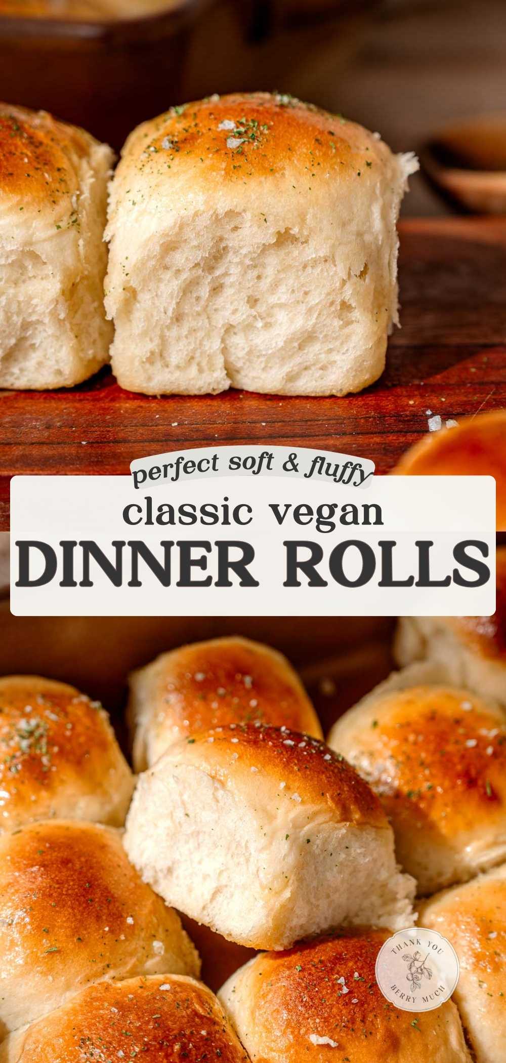 a collage with two images of vegan rolls with text in the center describing the recipe.