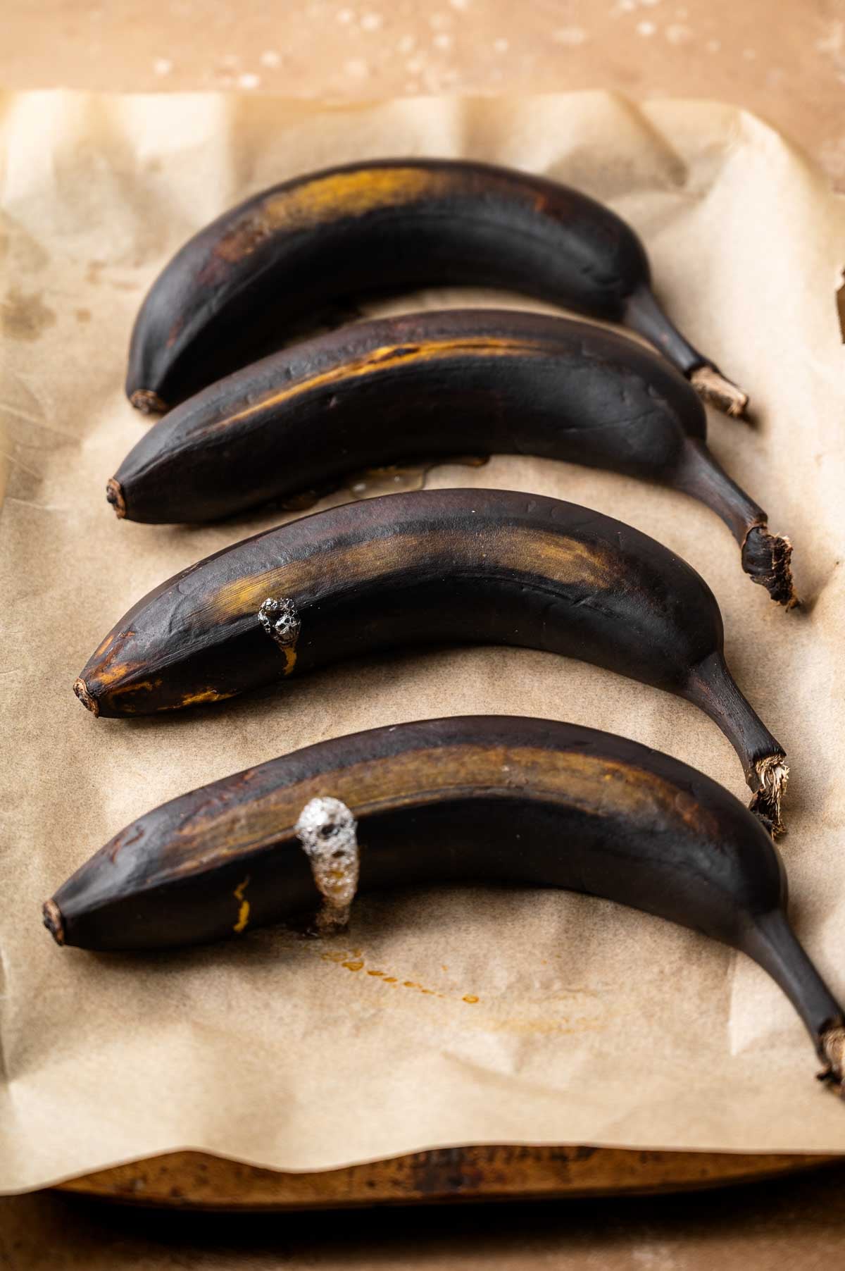 roasted bananas on a baking sheet.