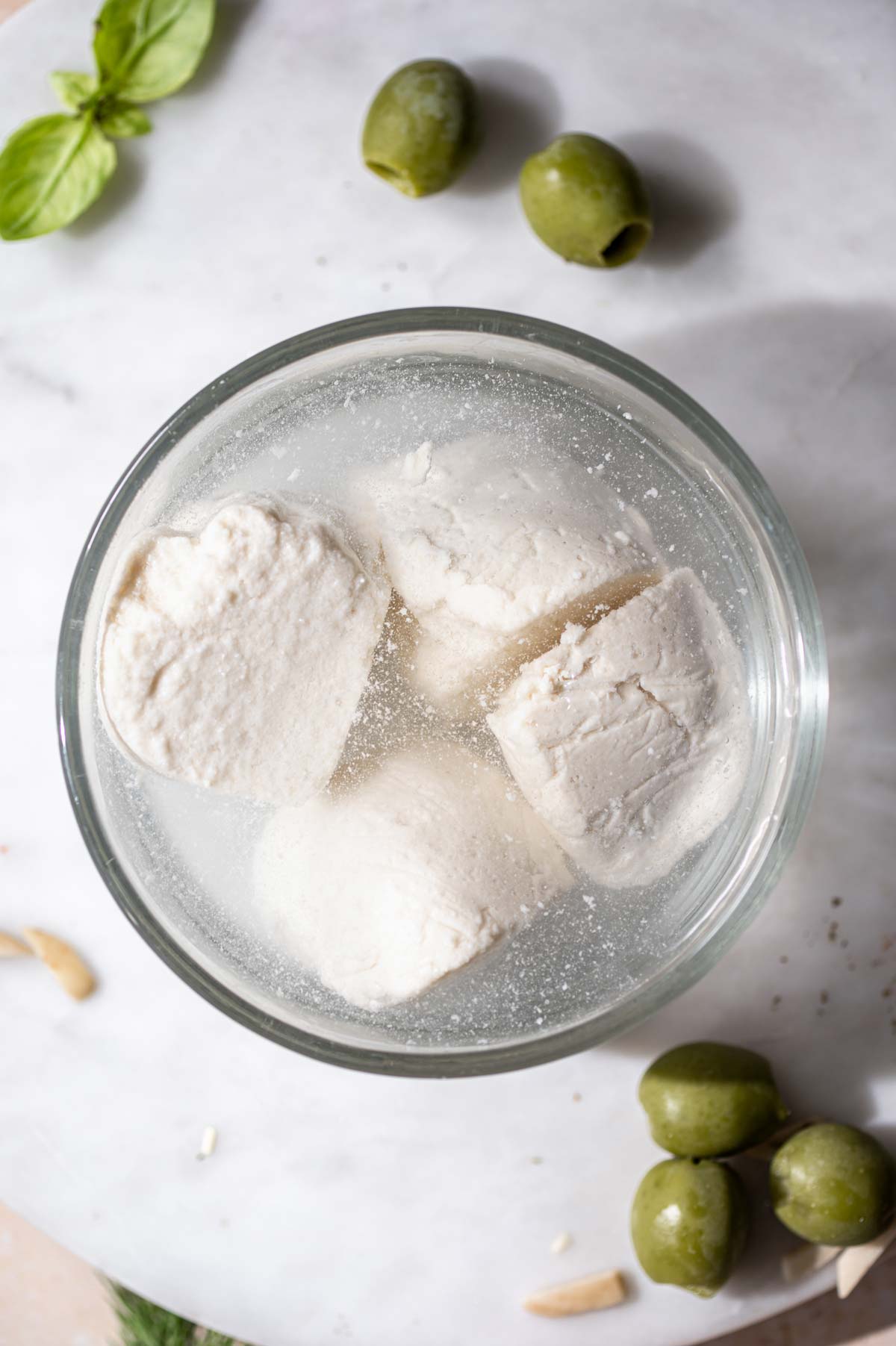 the cut dairy free feta in a brine solution.