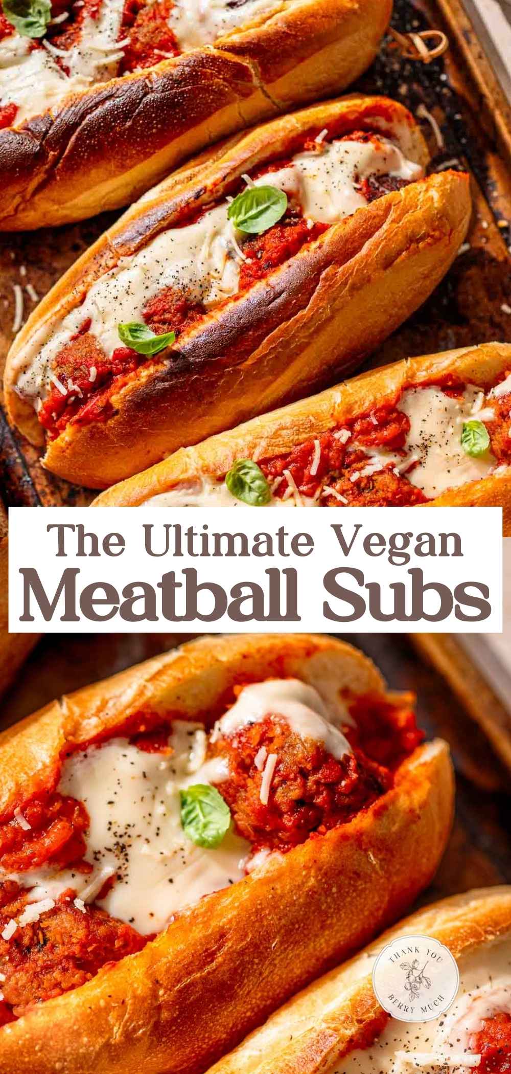 two images of vegan meatball subs with a text overlay describing the recipe.