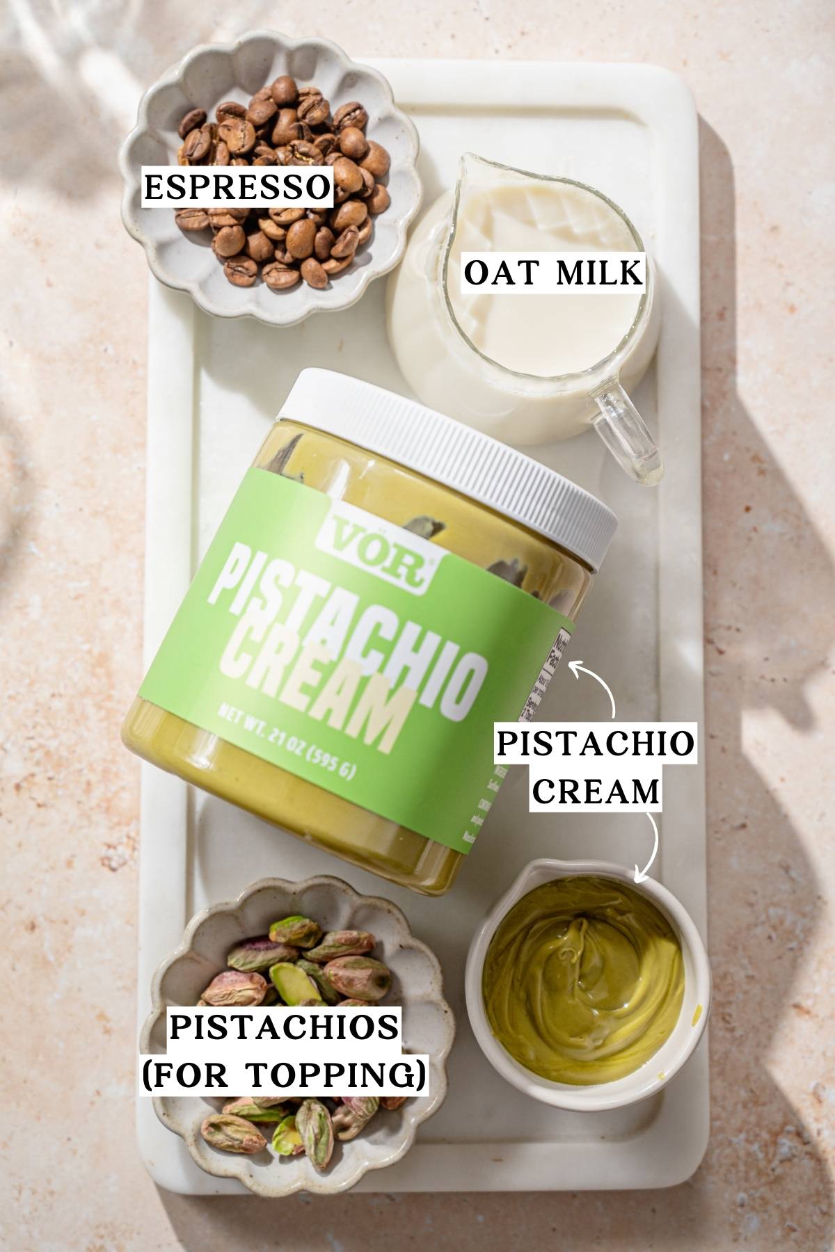 ingredients like oat milk, espresso and pistachio cream.