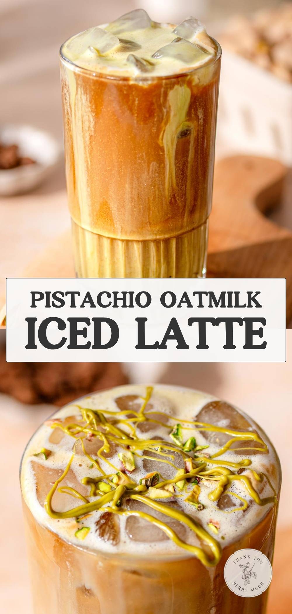 a graphic with two images of the pistachio latte with a text overlay.