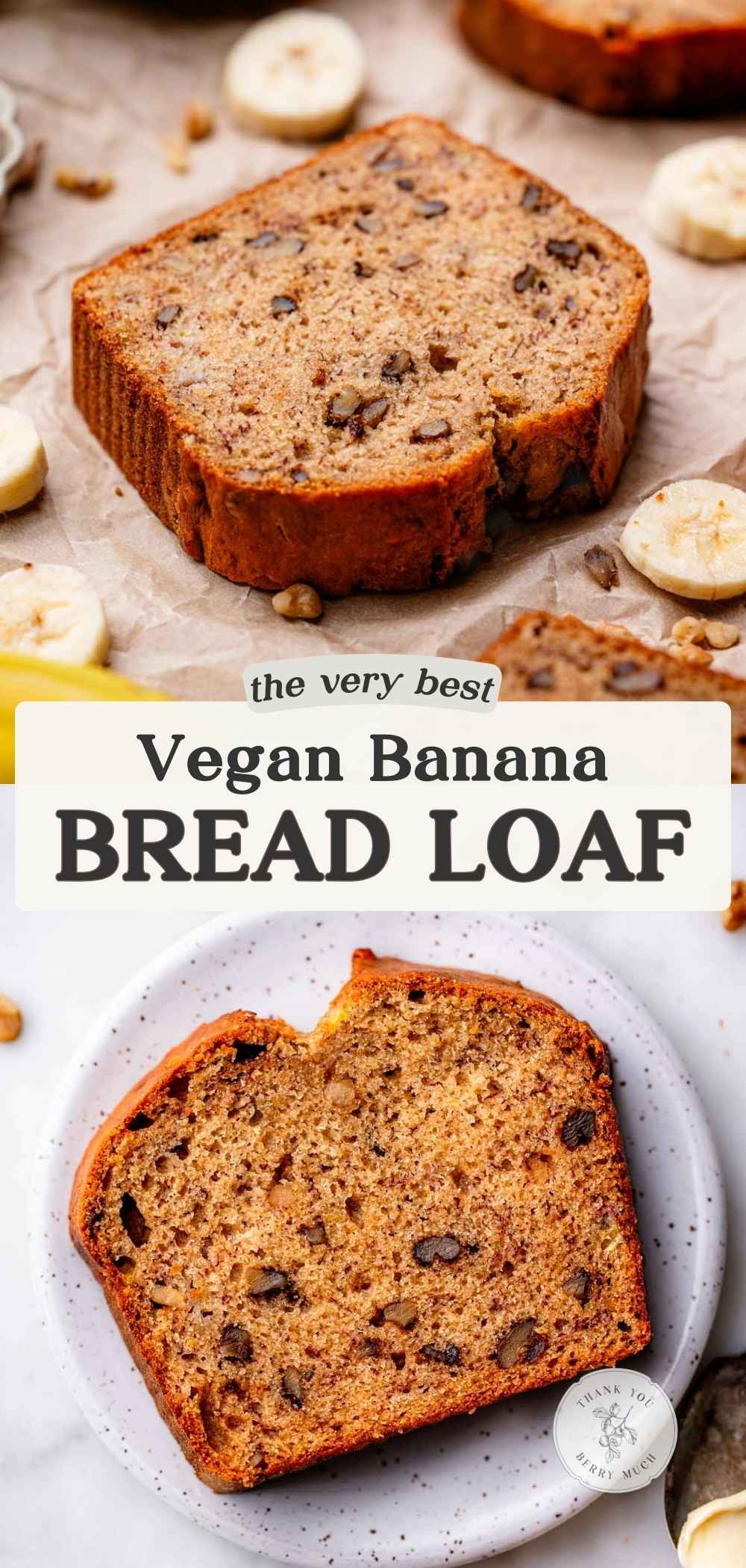 a pinterest graphic with two images of the vegan banana bread.
