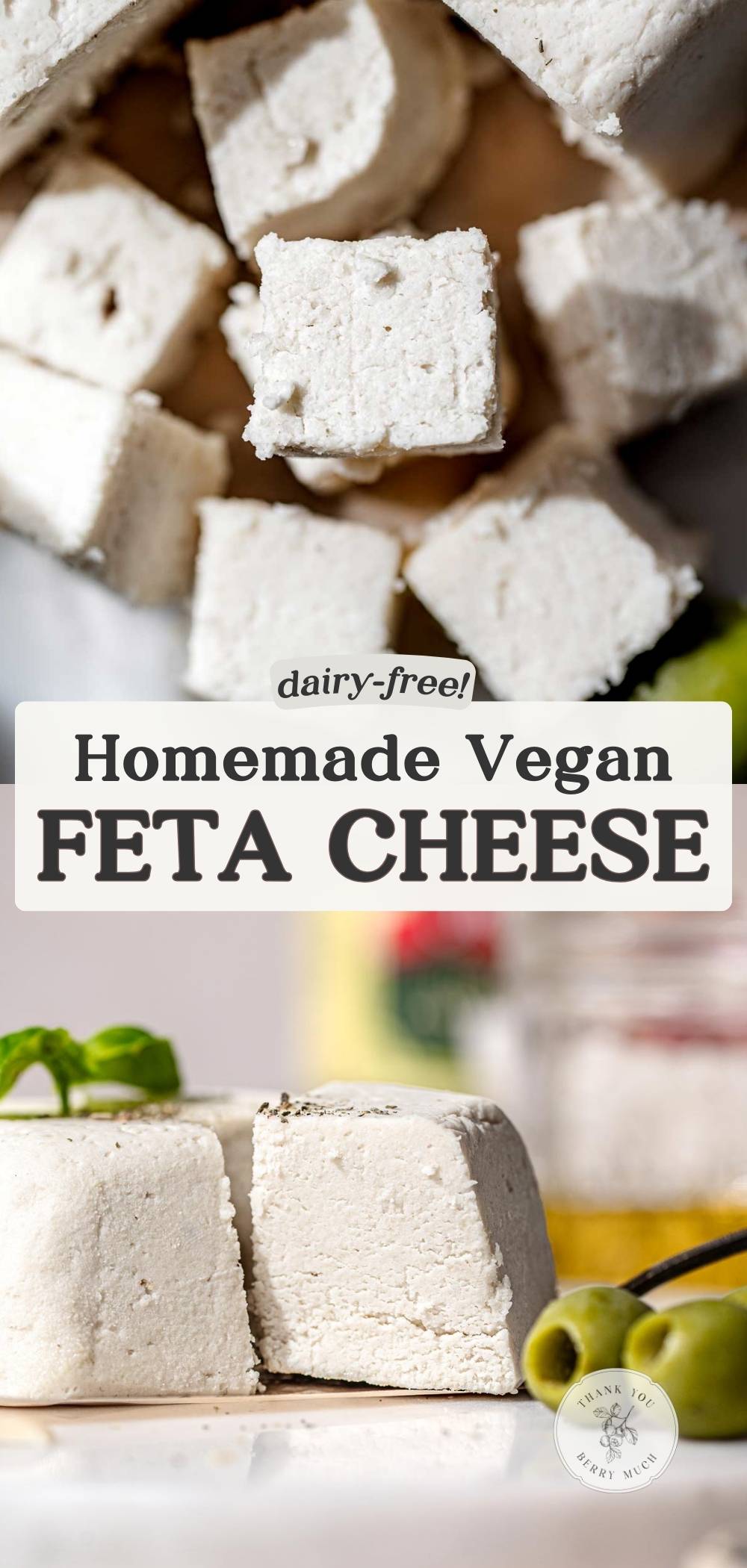 Homemade vegan feta cheese cut into thick blocks and cubes, labeled dairy-free vegan feta cheese.