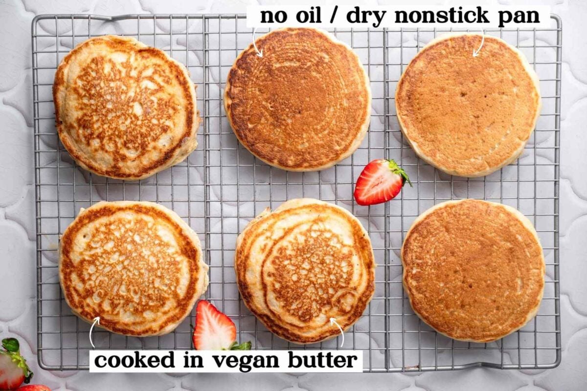 an image showing how cooking with oil affects the exterior texture of the vegan pancakes.