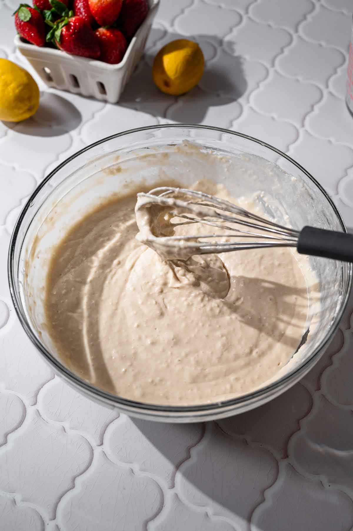 the mixed vegan pancake batter in a large bowl.