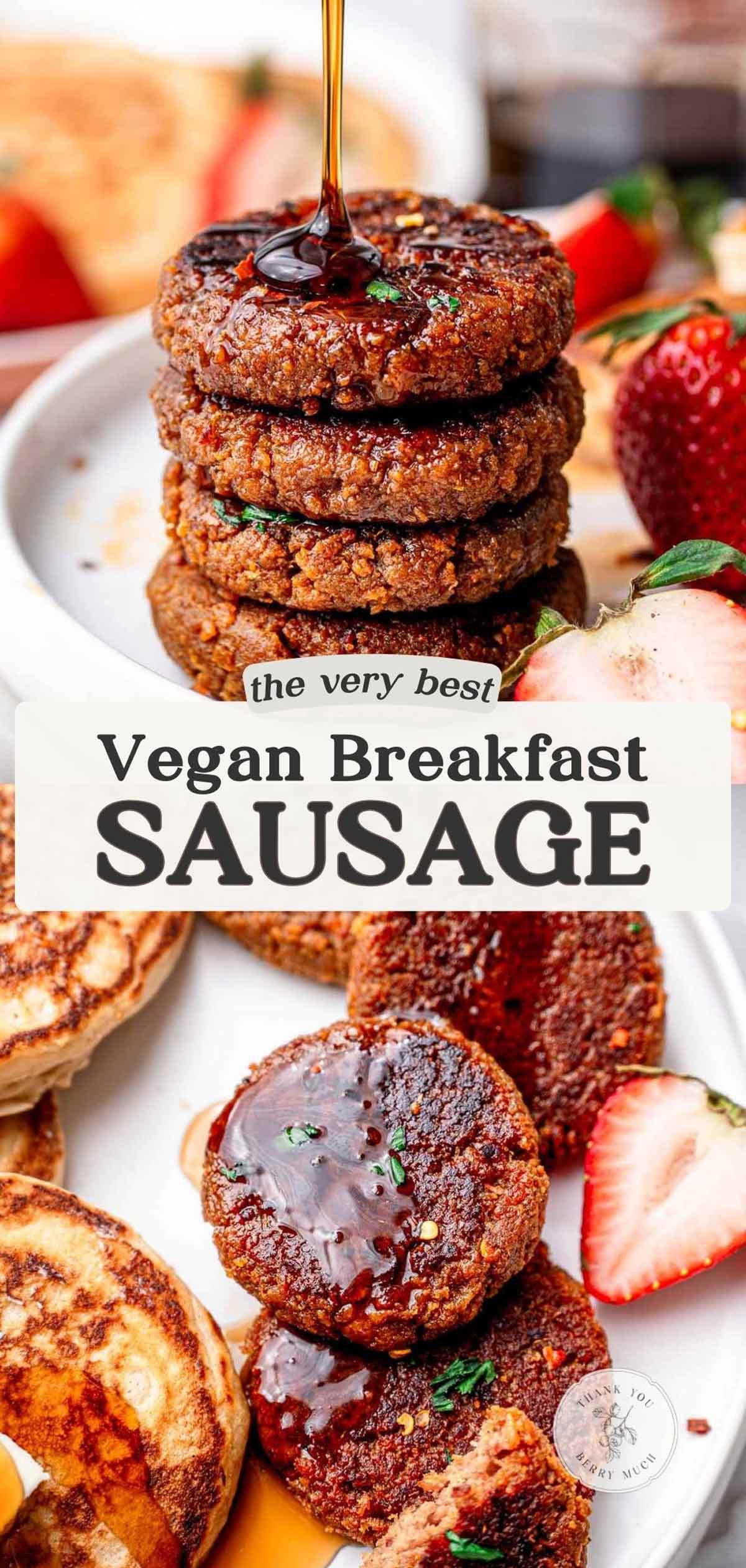 two images of the plant based sausage patties with a text overlay.