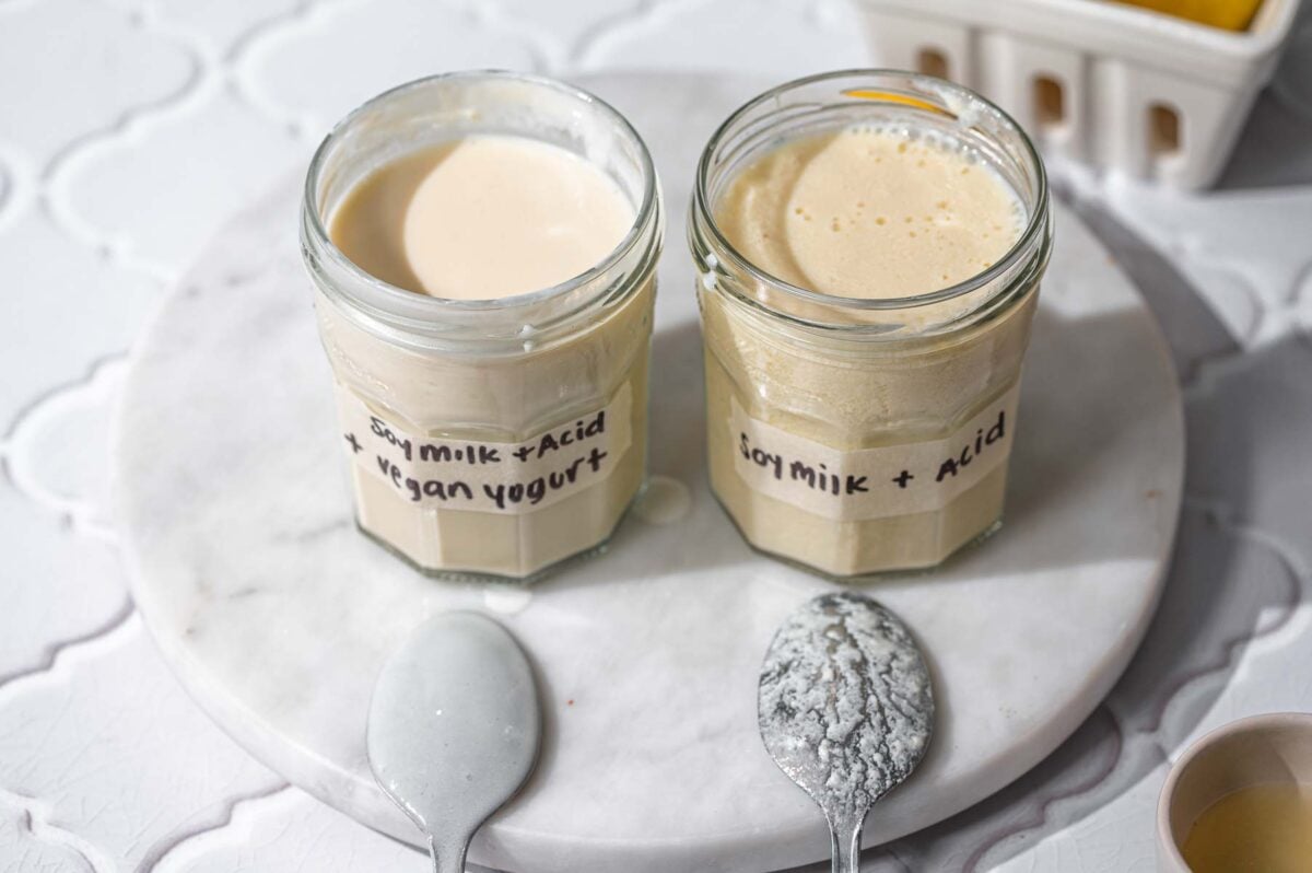 two jars of vegan buttermilk substitutes.