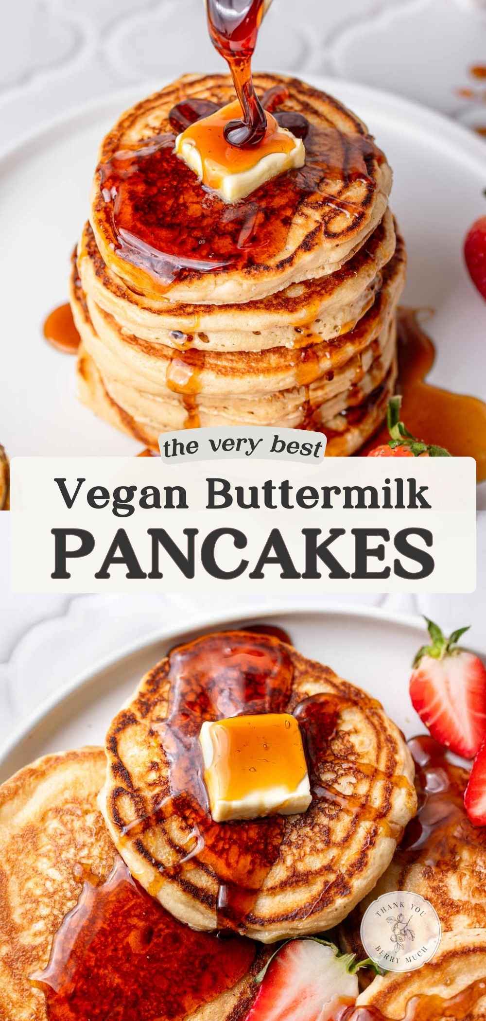 a pinterest graphic with two close ups of the vegan pancakes with syrup and a text overlay.