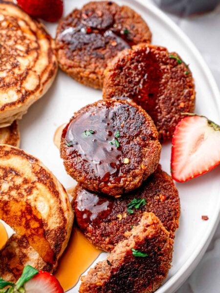 vegan sausage patties with maple syrup and dairy-free buttermilk pancakes.