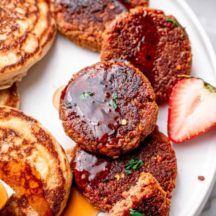 vegan sausage patties with maple syrup and dairy-free buttermilk pancakes.