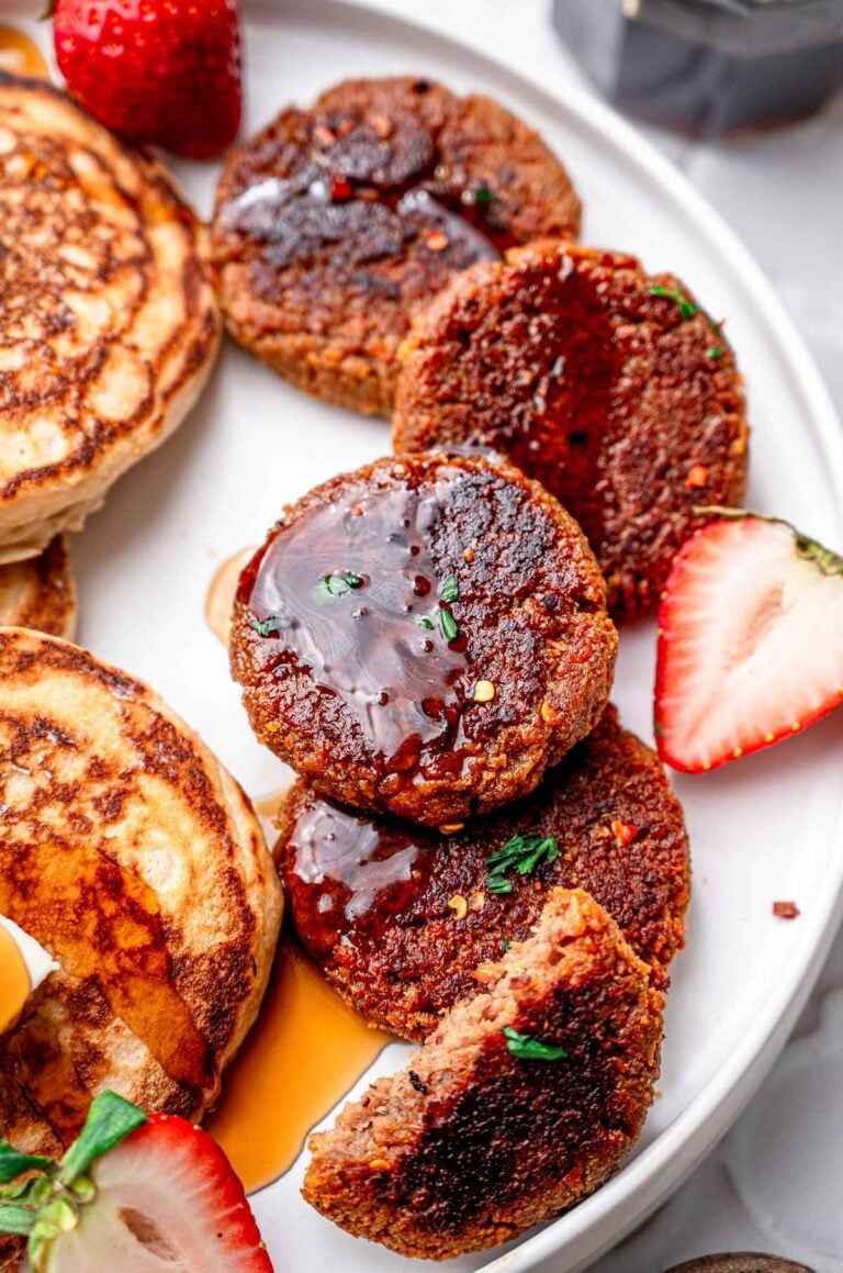 vegan sausage patties with maple syrup and dairy-free buttermilk pancakes.