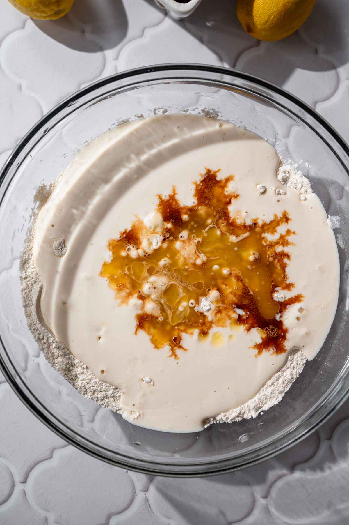 wet ingredients poured on the whisked dry ingredients.