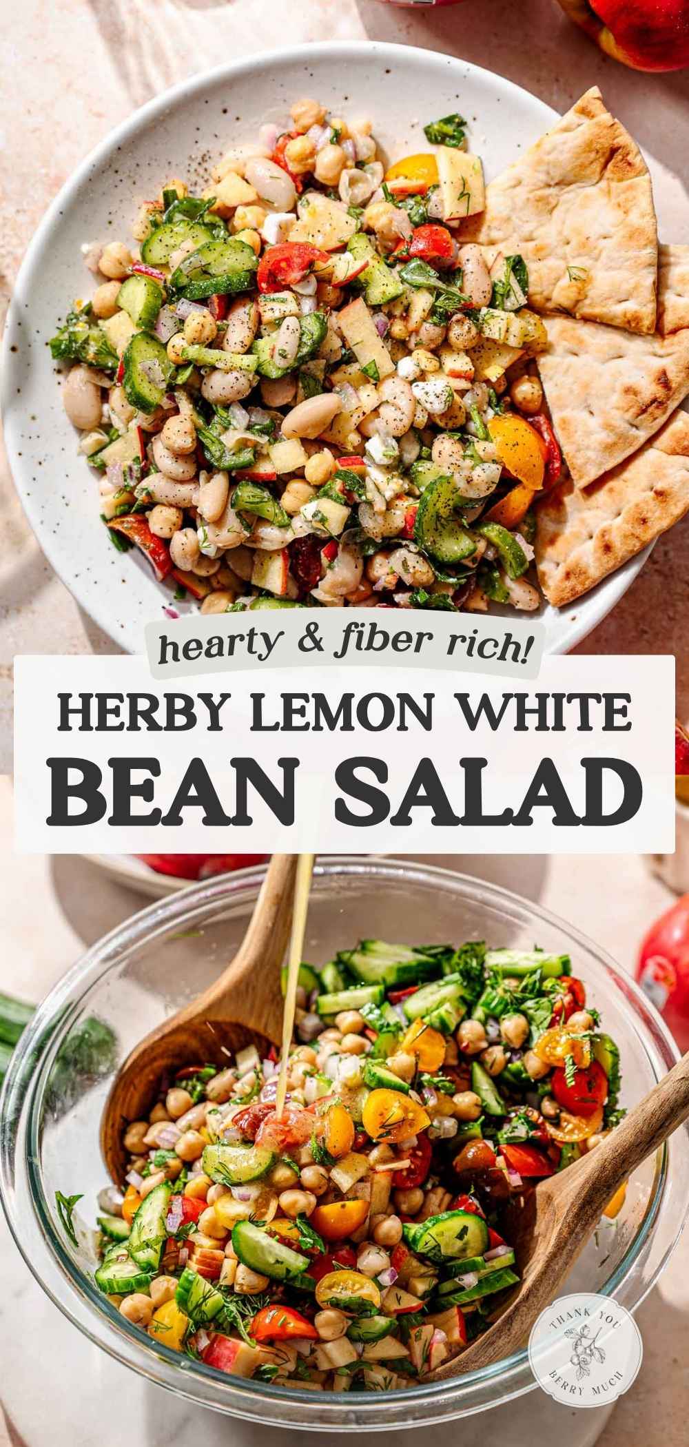 a graphic with images of the dense bean salad with text that reads 'herby lemon white bean salad'.