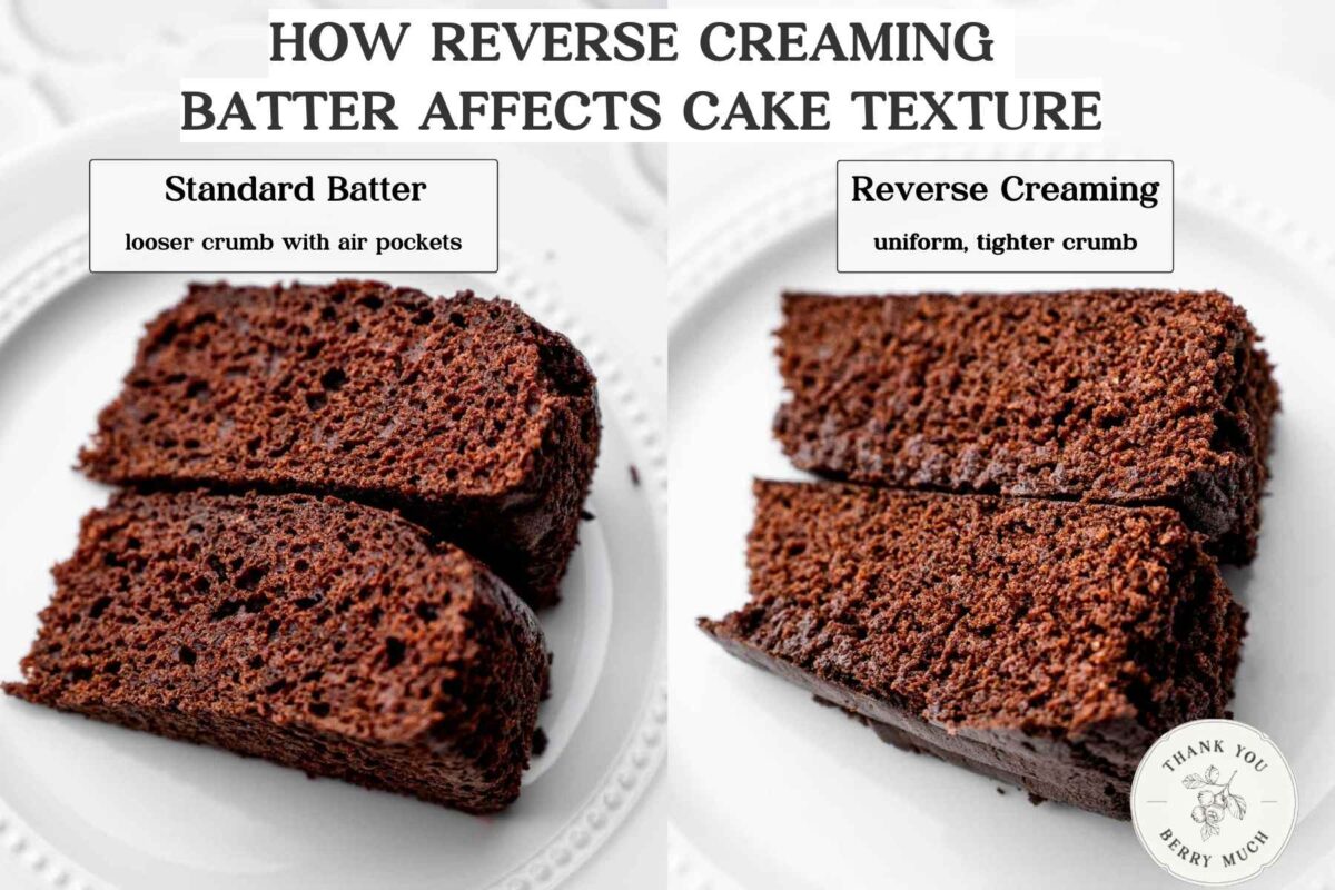 side by side images showing cake texture when reversed creamed and when mixed normally.