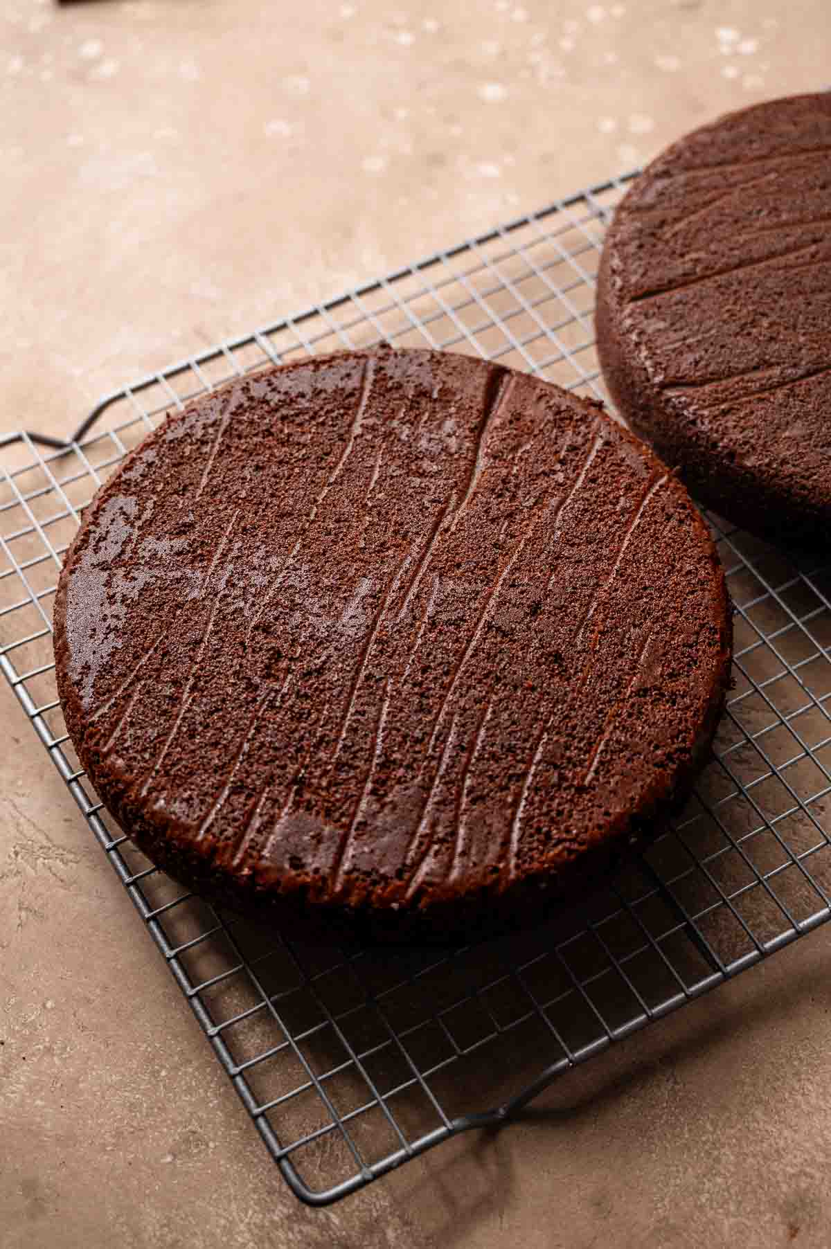 the baked vegan chocolate cake on a cooling rack.