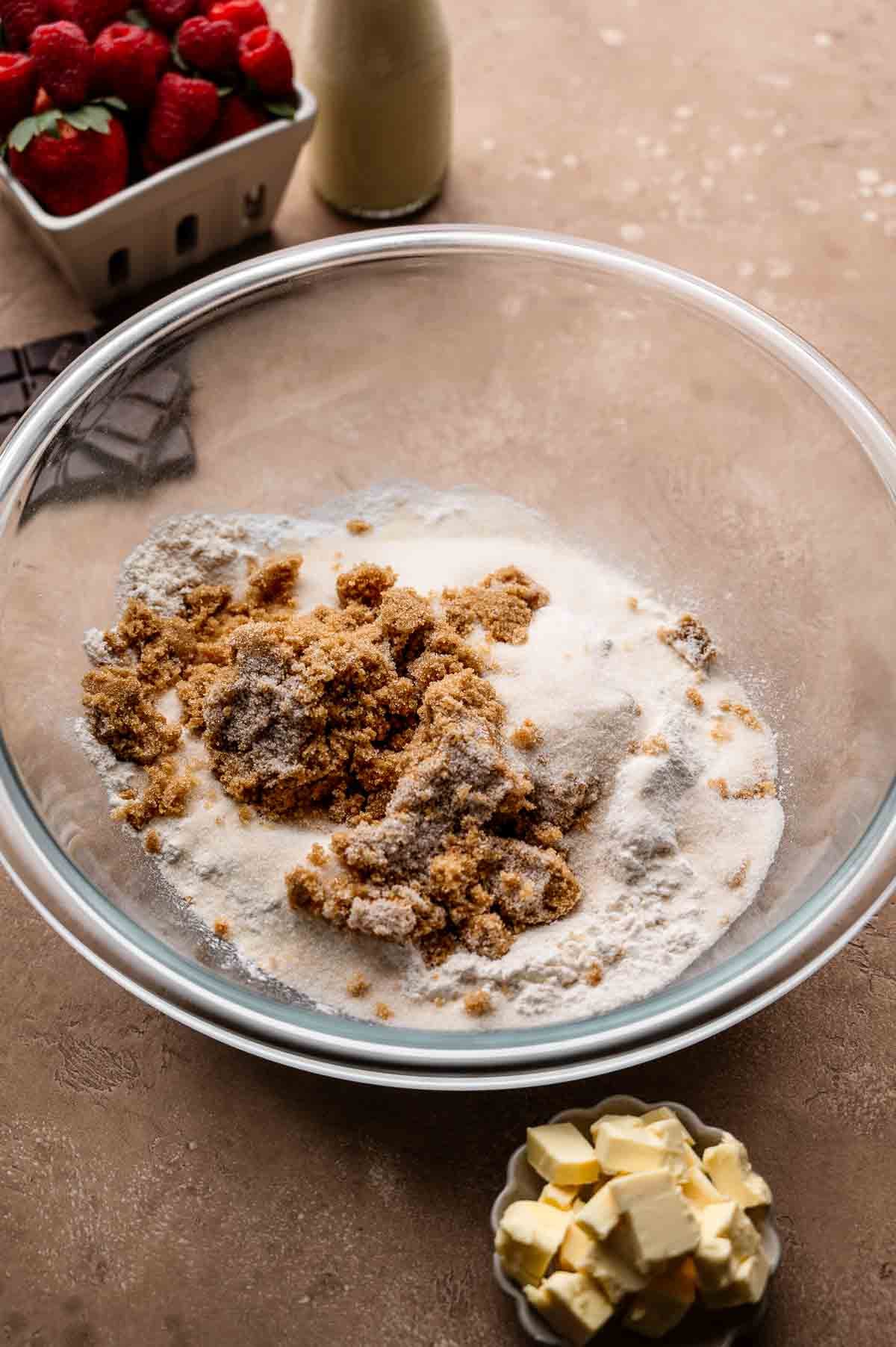 dry ingredients for cake in a large glass bowl.