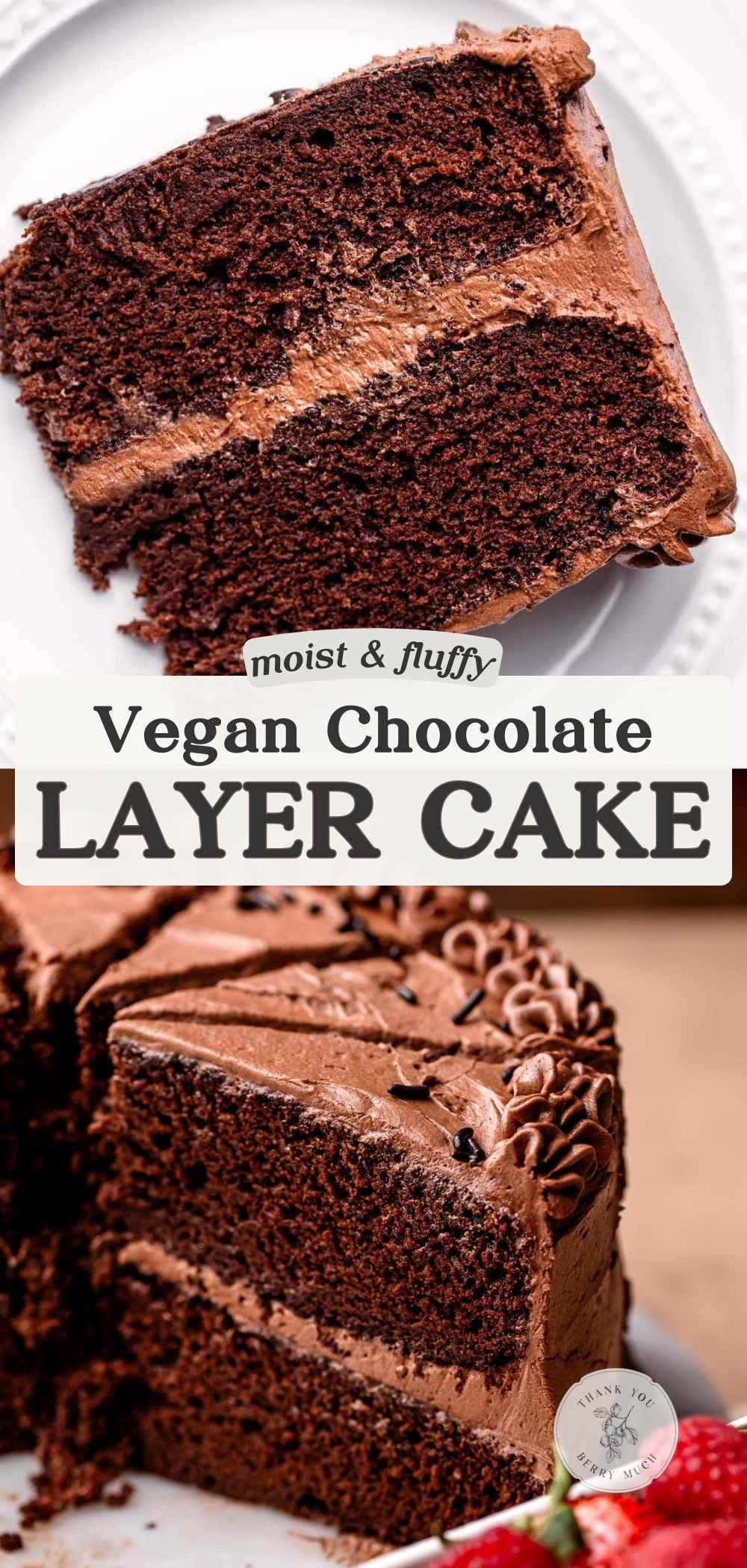 two images of vegan chocolate cake with a text overlay.