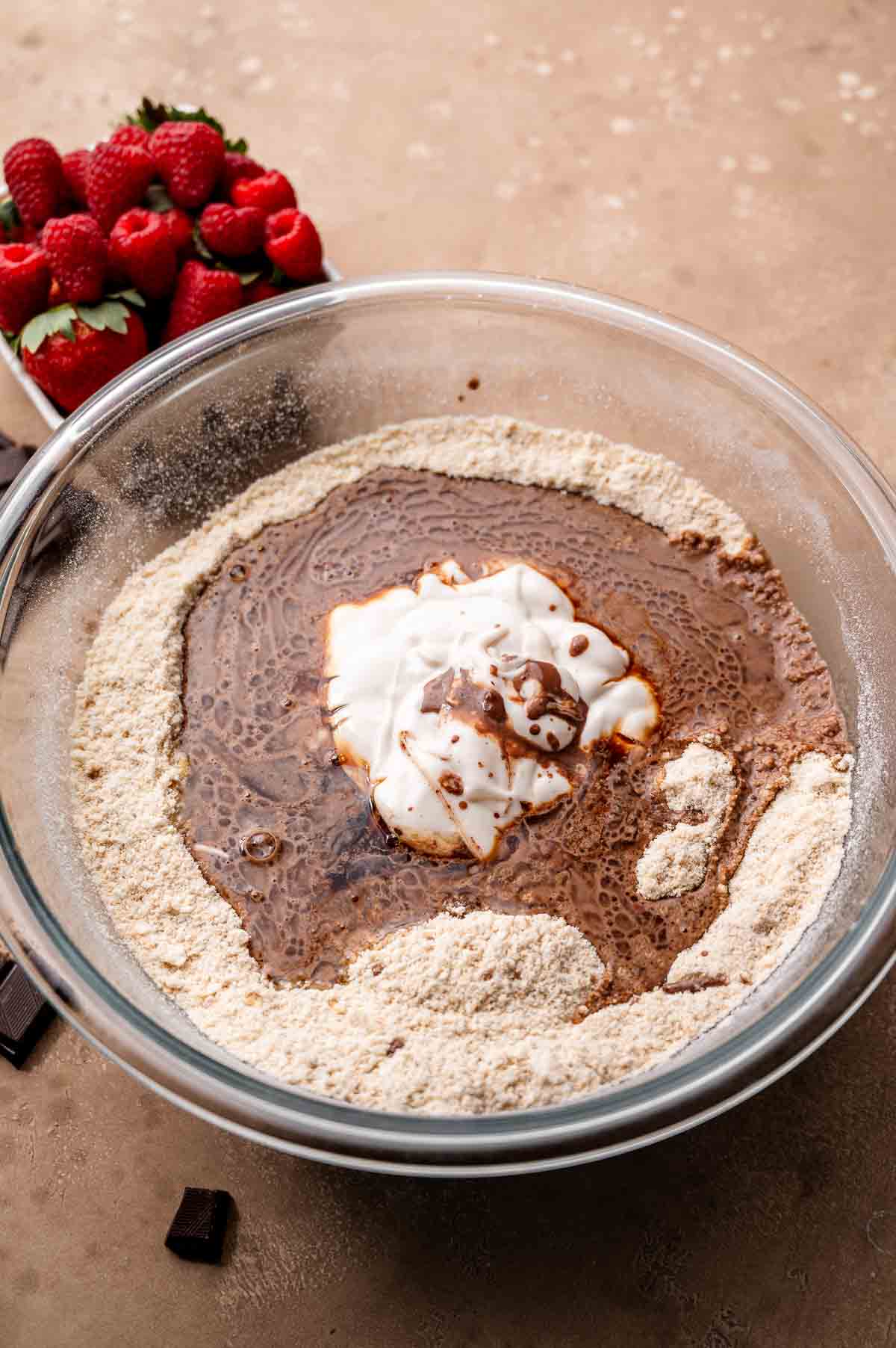 wet ingredients in the large glass bowl.