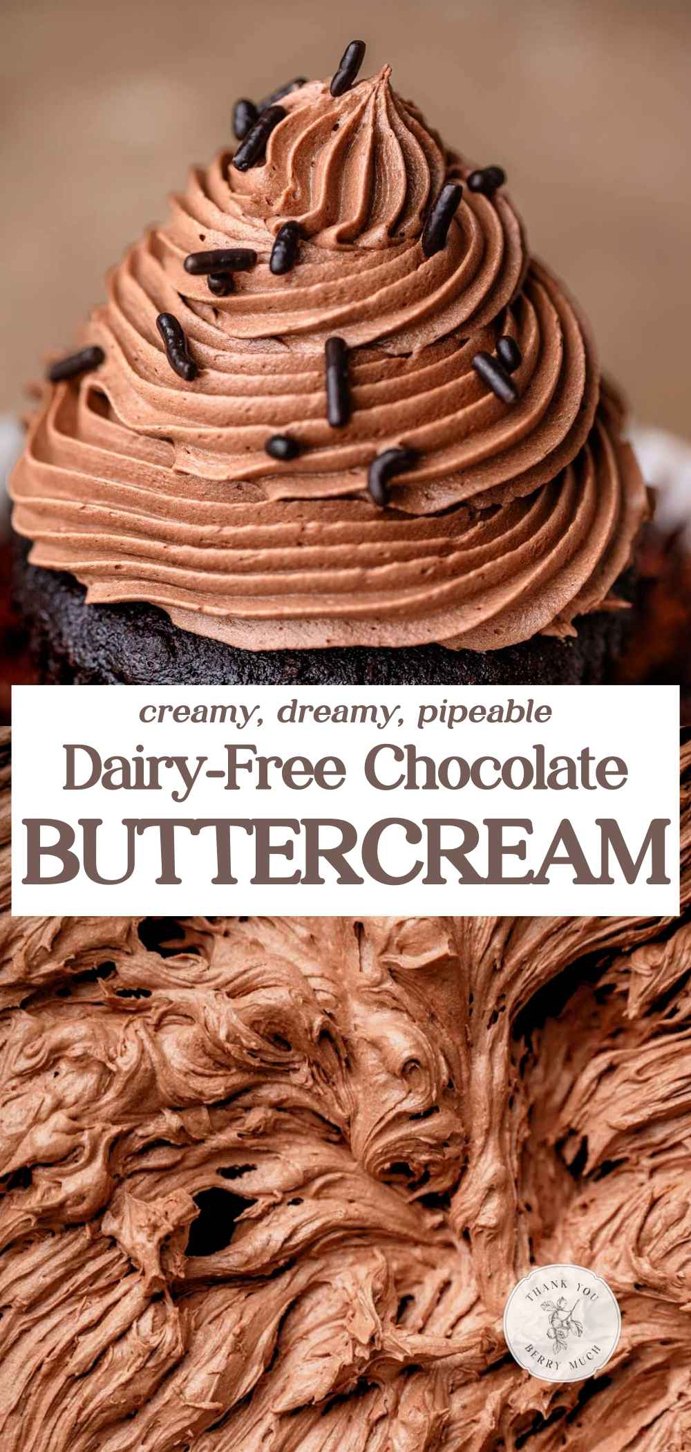 two images of dairy-free chocolate frosting with a text overlay.