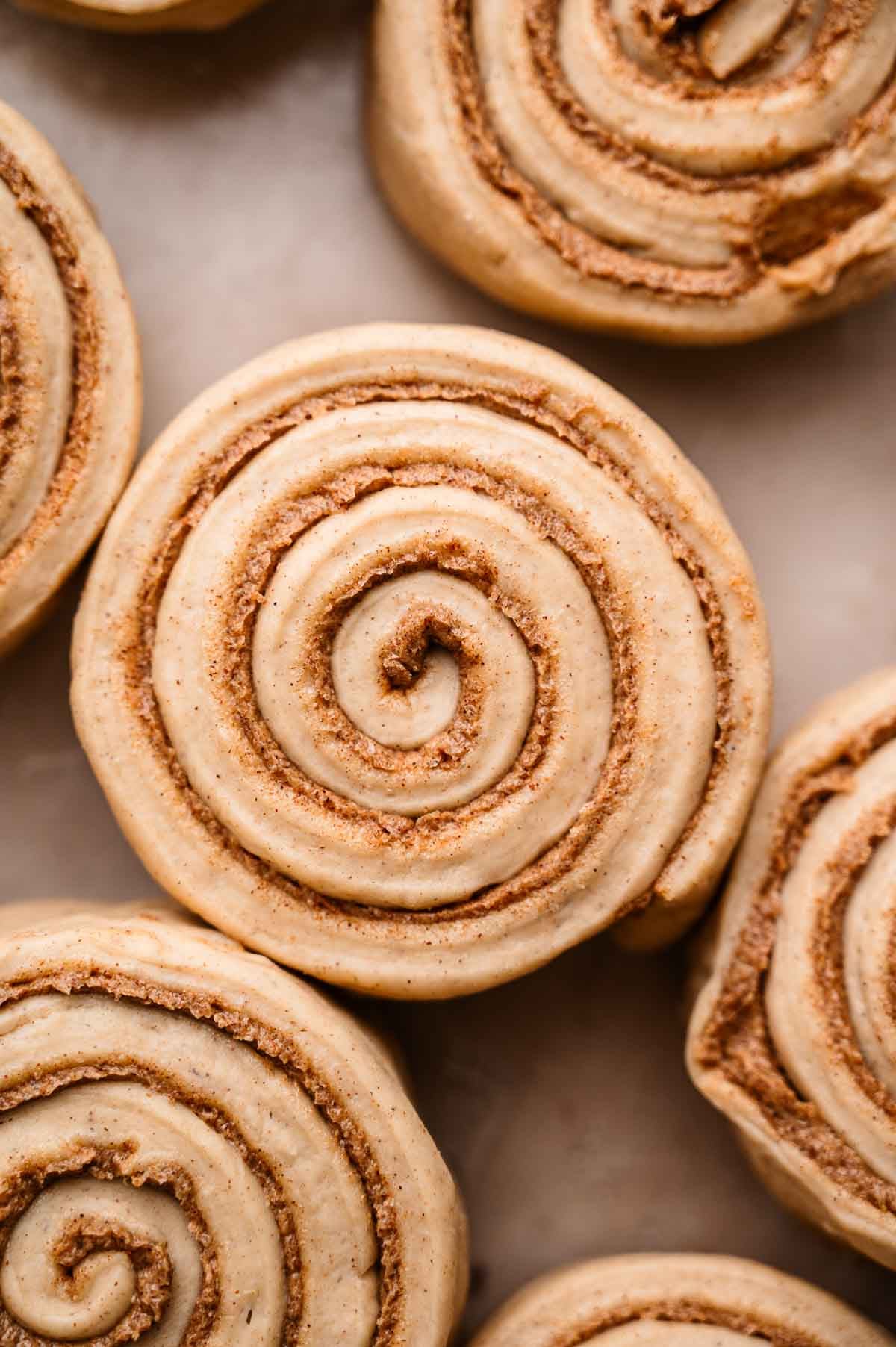 the rolled vegan cinnamon roll in a greased baking dish.