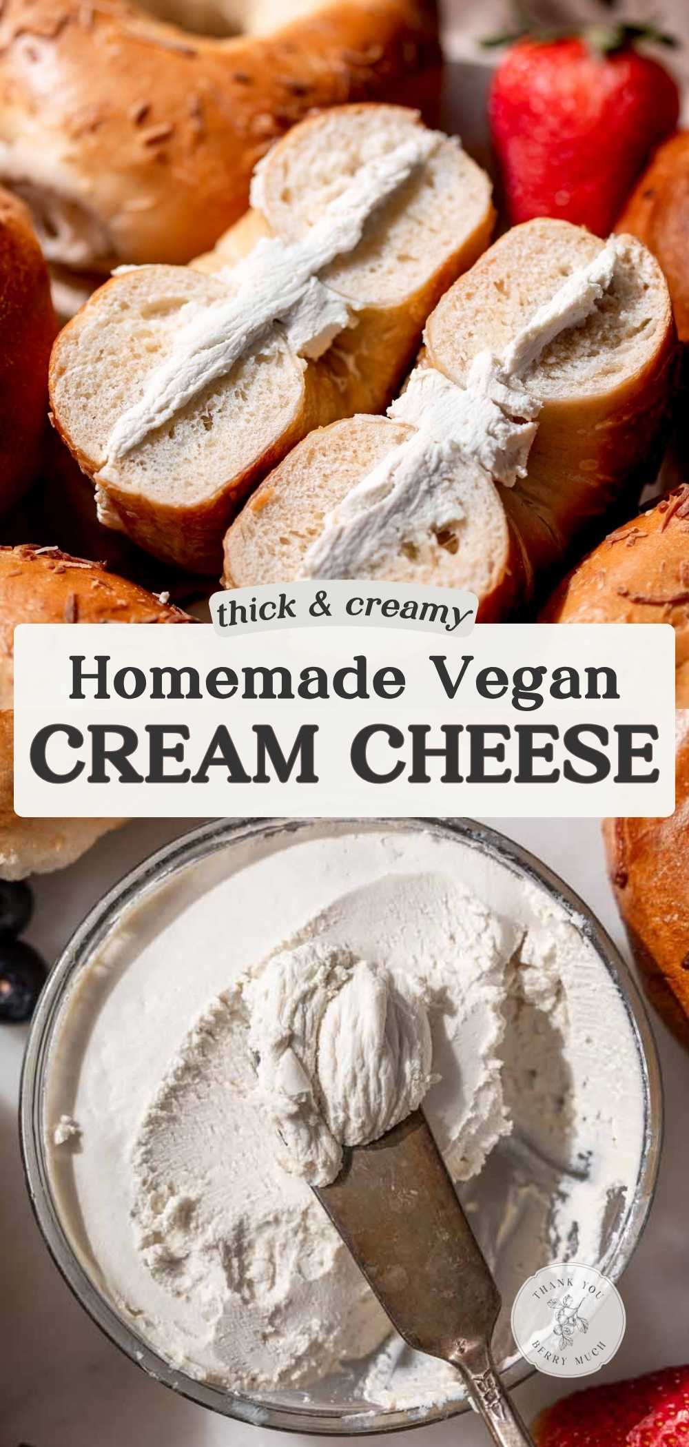 an image of vegan cream cheese on a bagel and in a small glass container with text overlay.