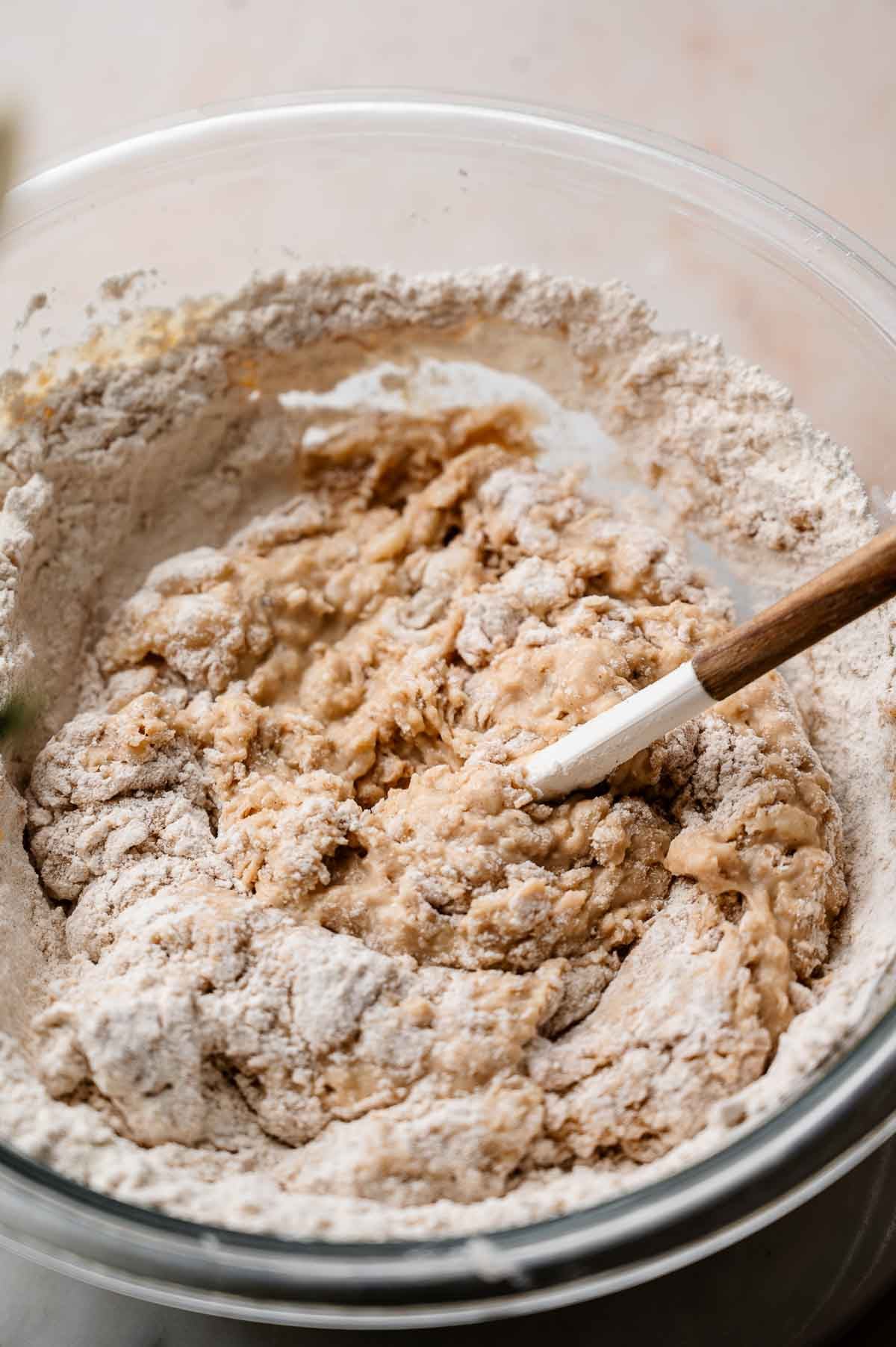 a scraggly vegan dough in a large bowl.