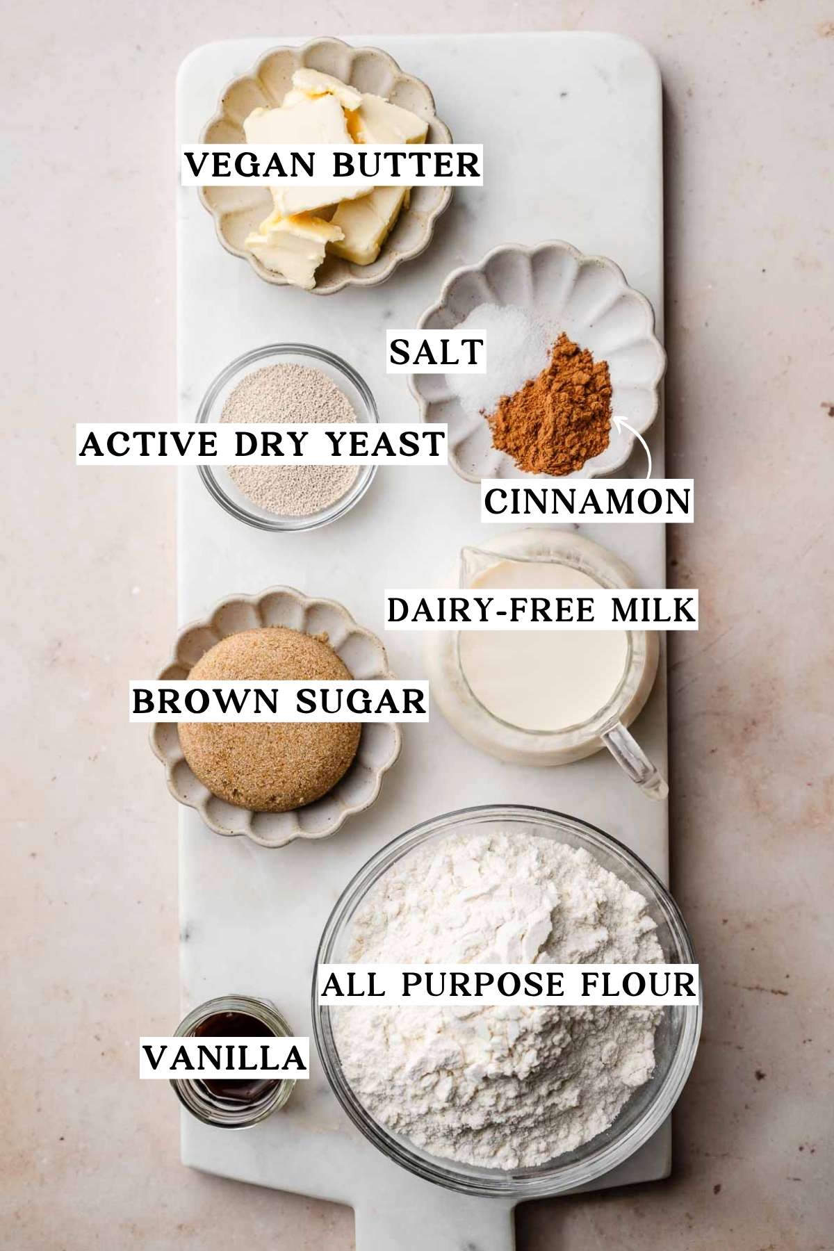 ingredients like vegan butter, flour, cinnamon and brown sugar.