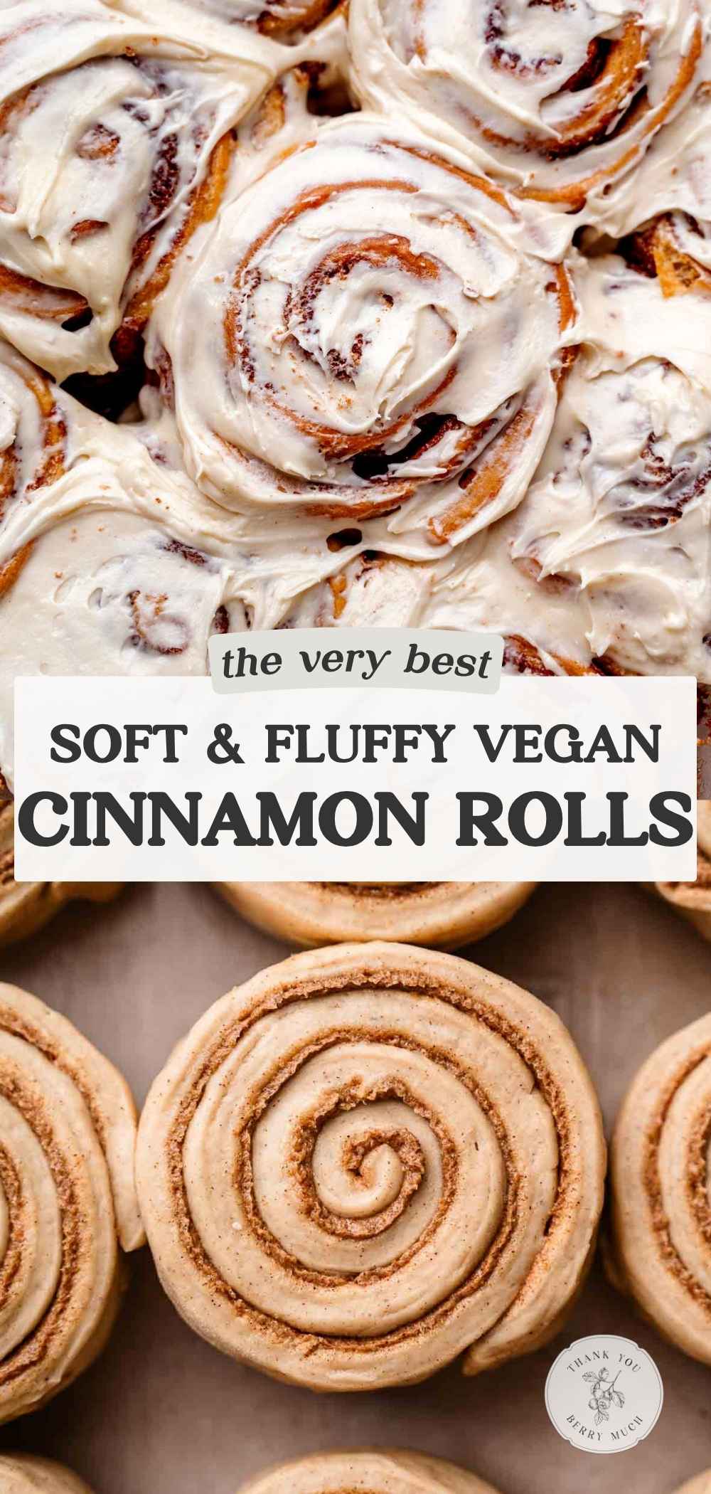 a close up of the vegan cinnamon rolls with a text overlay.