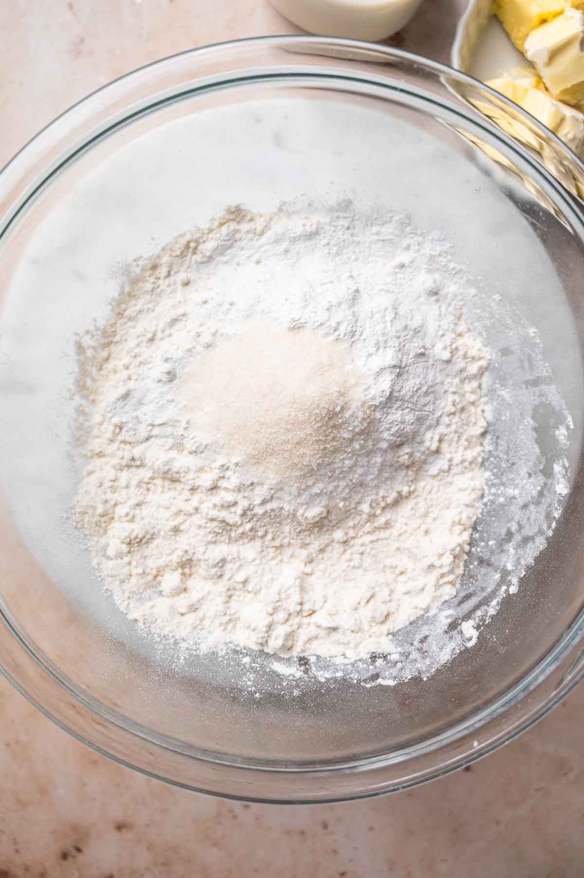 a large bowl with flour, baking powder, salt, and sugar.