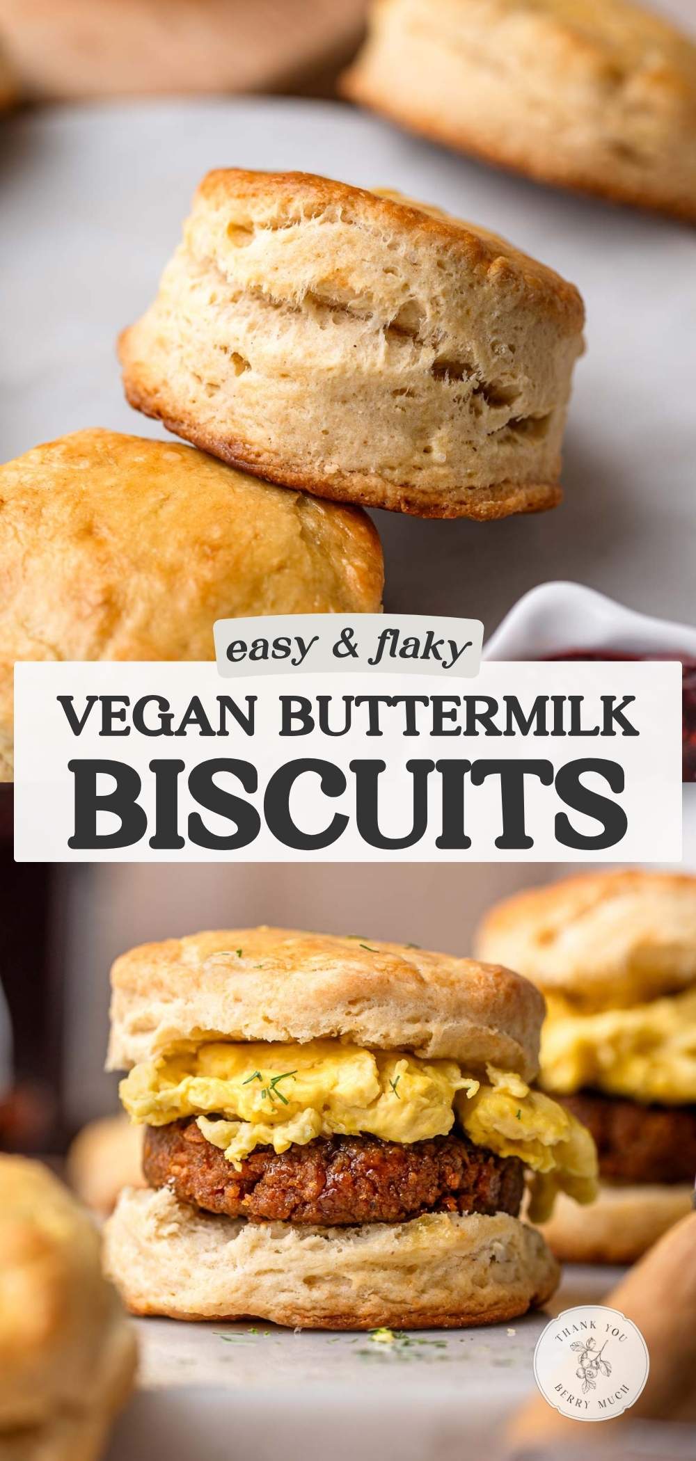 a close up of the vegan buttermilk biscuit with a text overlay.