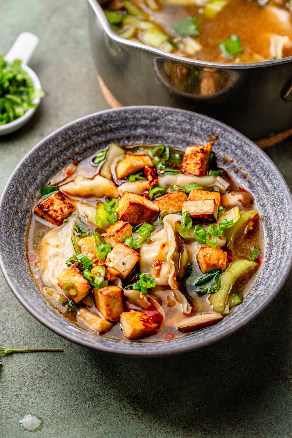 a bowl of vegan vegetable dumpling soup with tofu.