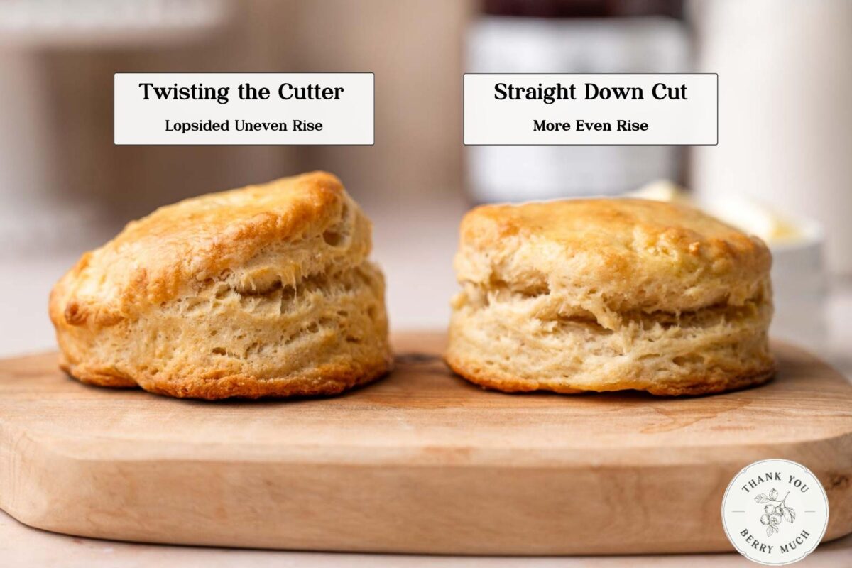a side by side comparison of how cutting technique affects biscuit shape.
