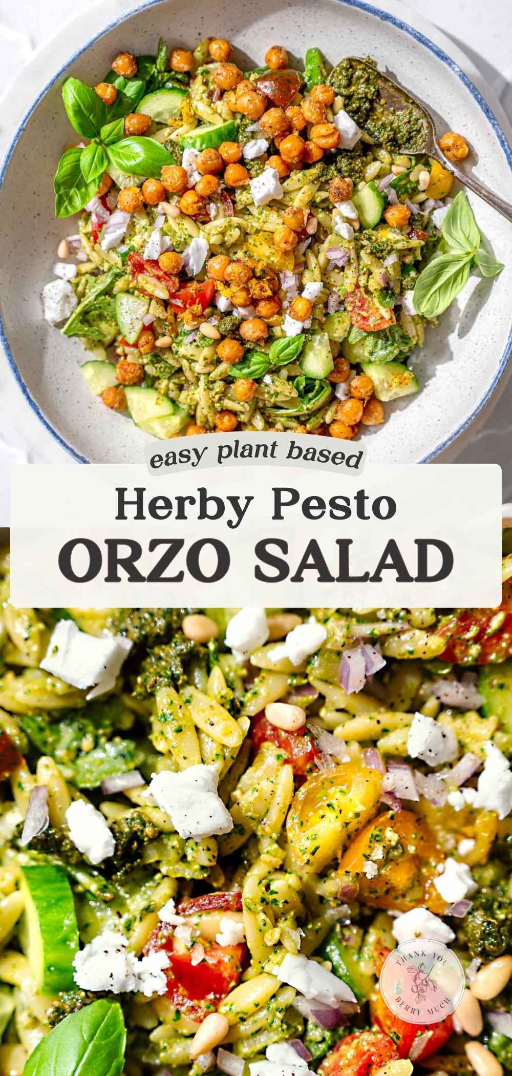 two images of the pesto orzo salad with a text overlay.