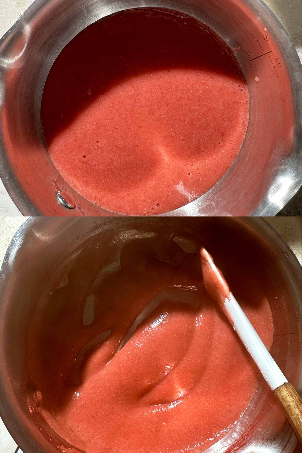 strawberry puree in a pot before being reduced and after.