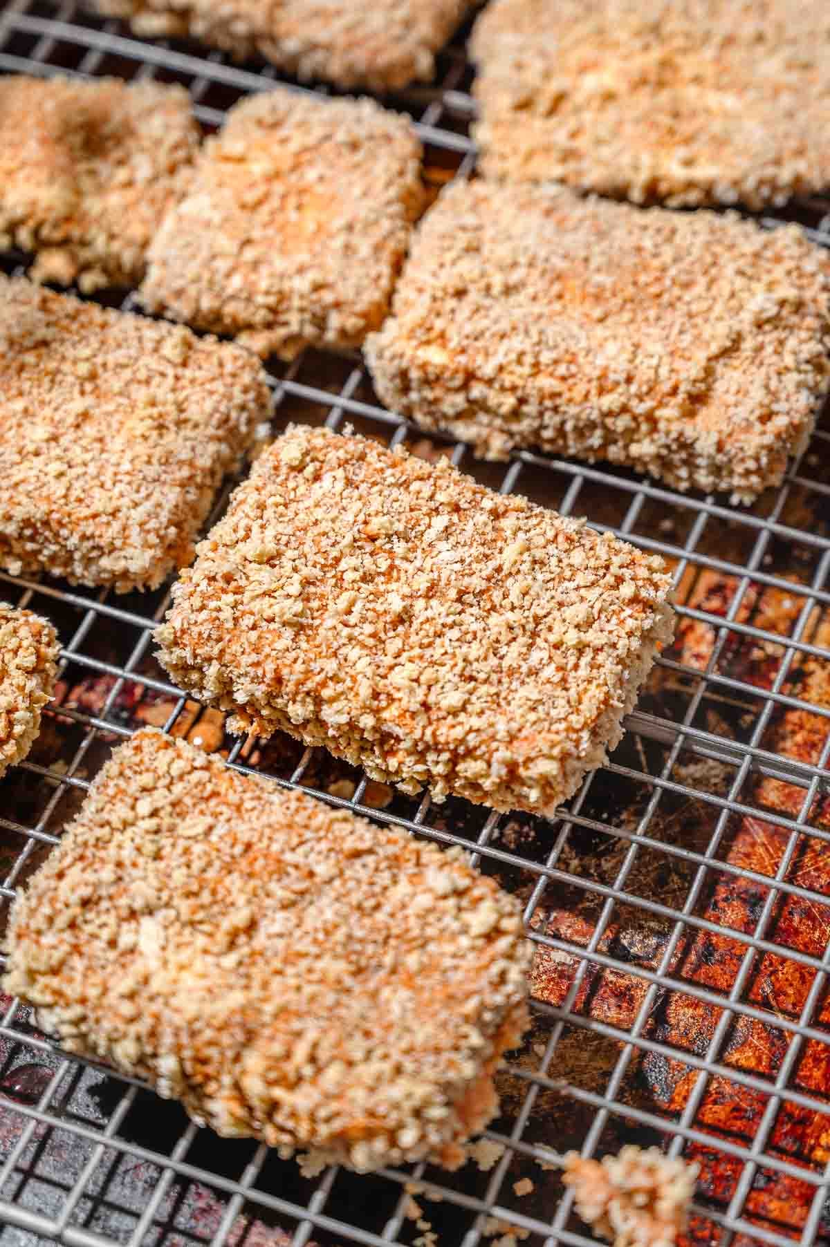 the coated panko breaded tofu ready to bake, air fry or fry.
