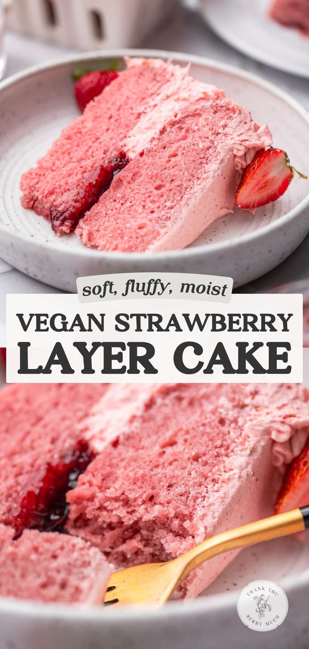 two pictures of the vegan strawberry cake with text overlayed on top.
