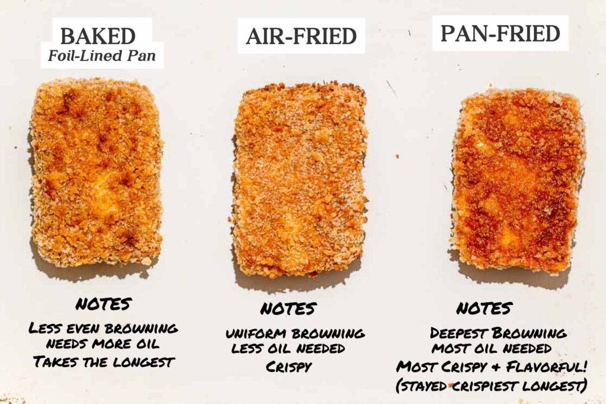 Side-by-side comparison of baked, air-fried, and pan-fried panko tofu. The baked tofu is lighter with less even browning, the air-fried tofu is evenly browned, and the pan-fried tofu has the deepest golden color.