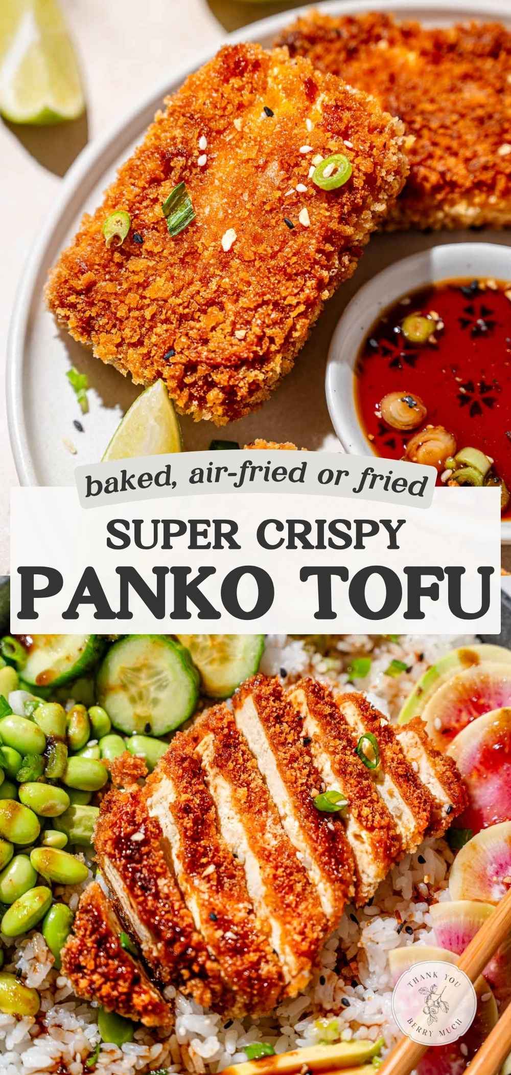 two close up images of the panko tofu with a text overlay describing the recipe.