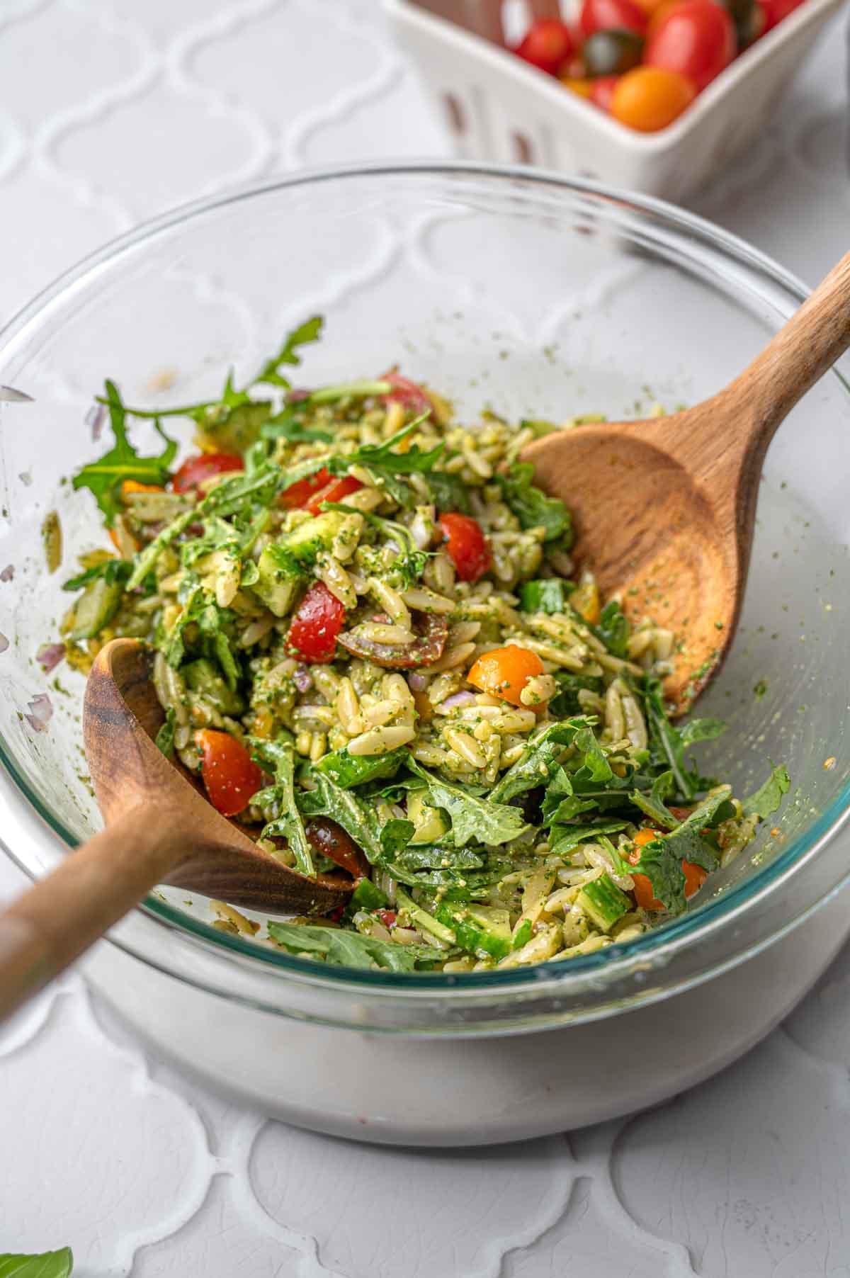 the tossed vegan orzo salad with pesto.