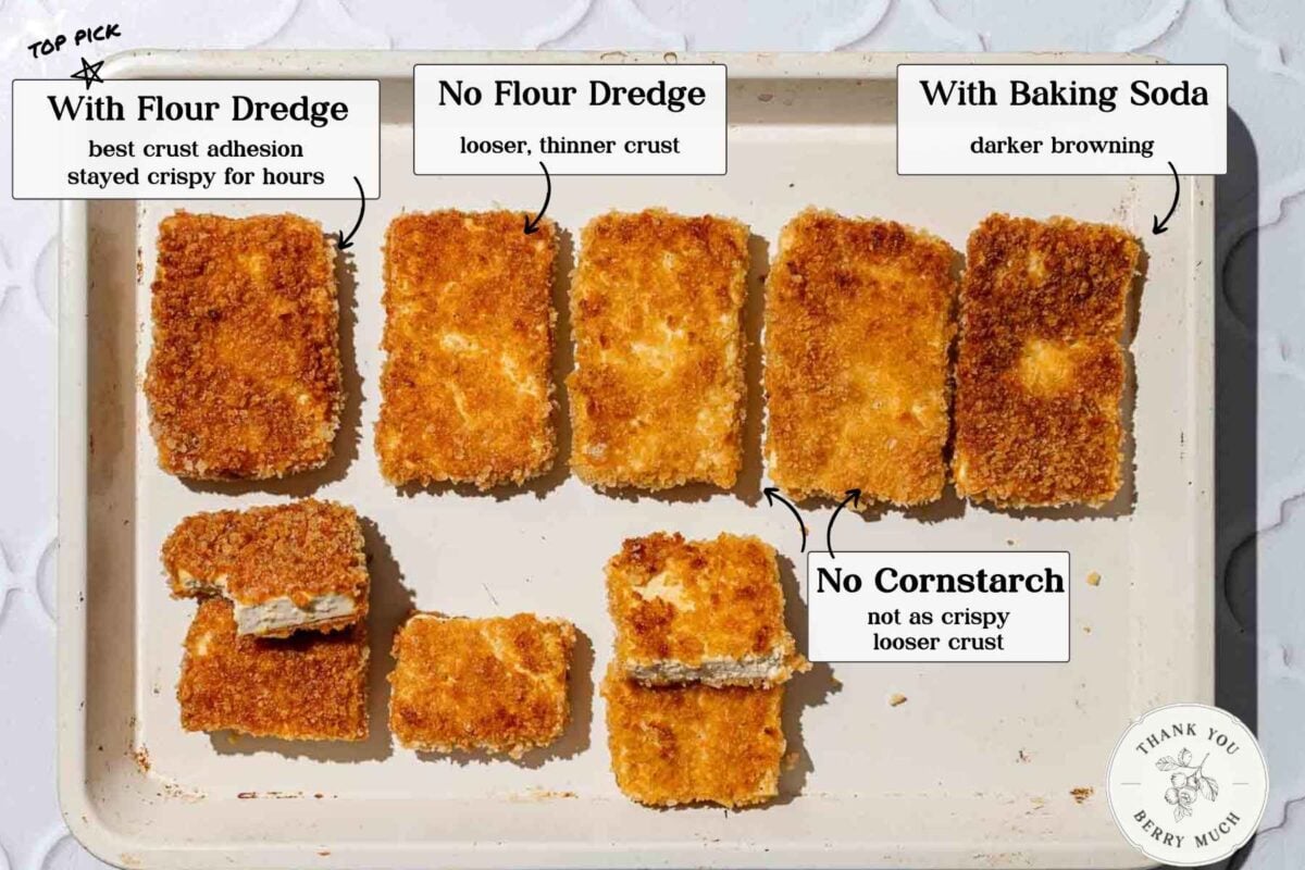 different panko breaded tofu tests on a baking sheet.