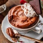 vegan tofu chocolate mousse in a vintage tea cup.