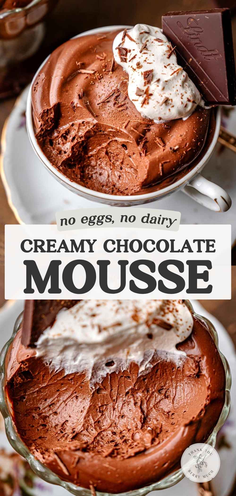 Creamy chocolate mousse graphic showing dairy-free chocolate mousse with the text “no eggs, no dairy.”
