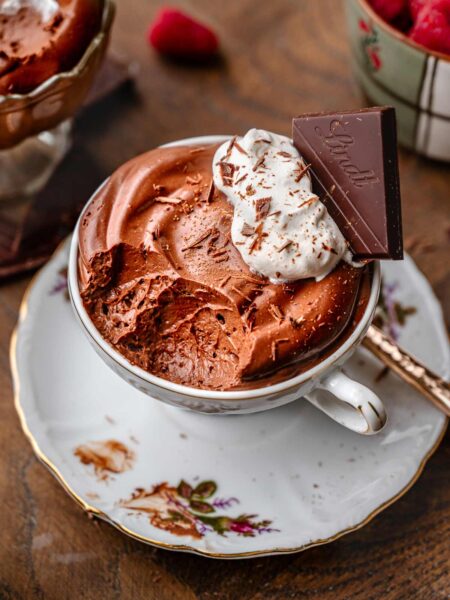 vegan tofu chocolate mousse in a vintage tea cup.