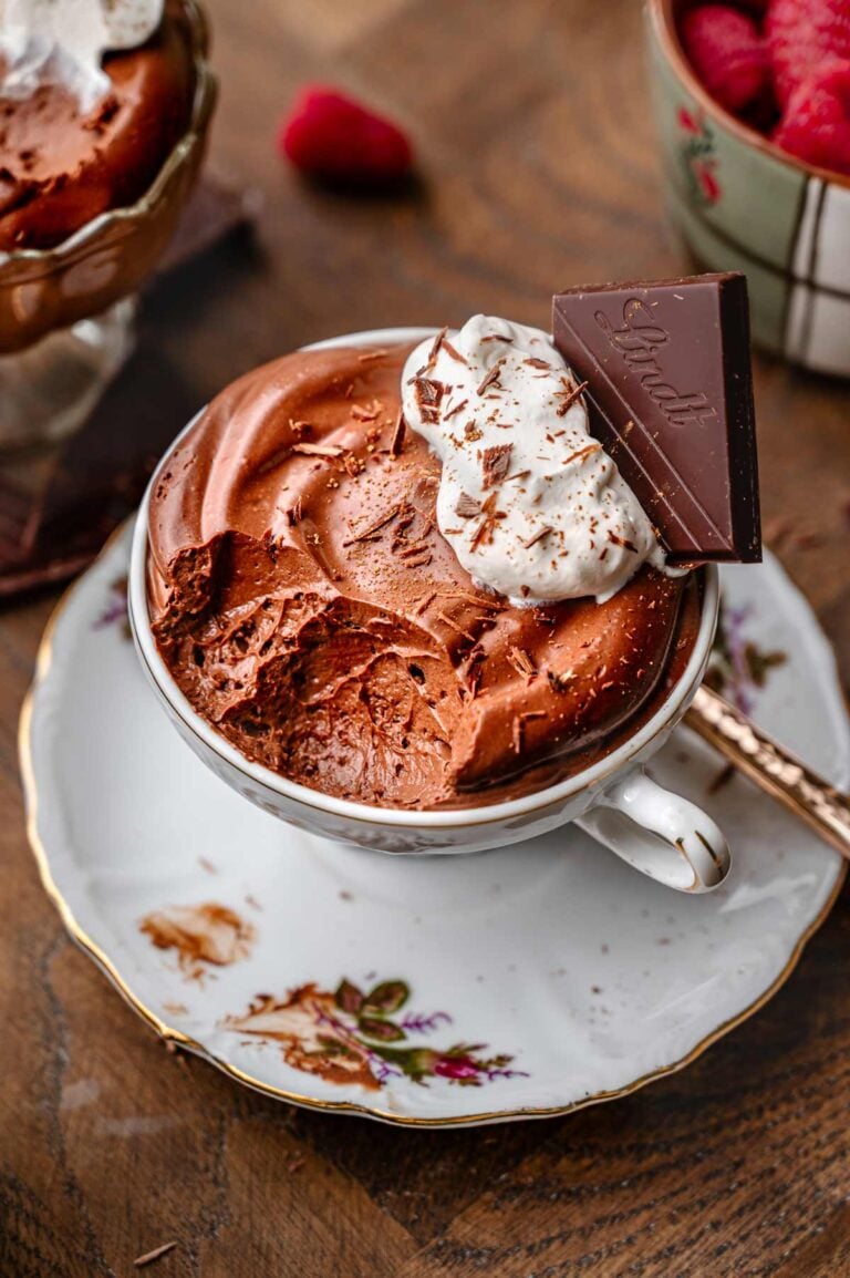 vegan tofu chocolate mousse in a vintage tea cup.