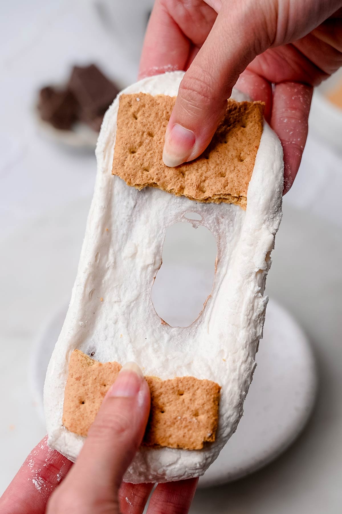 Vegan s’more with homemade marshmallow, chocolate, and graham crackers.