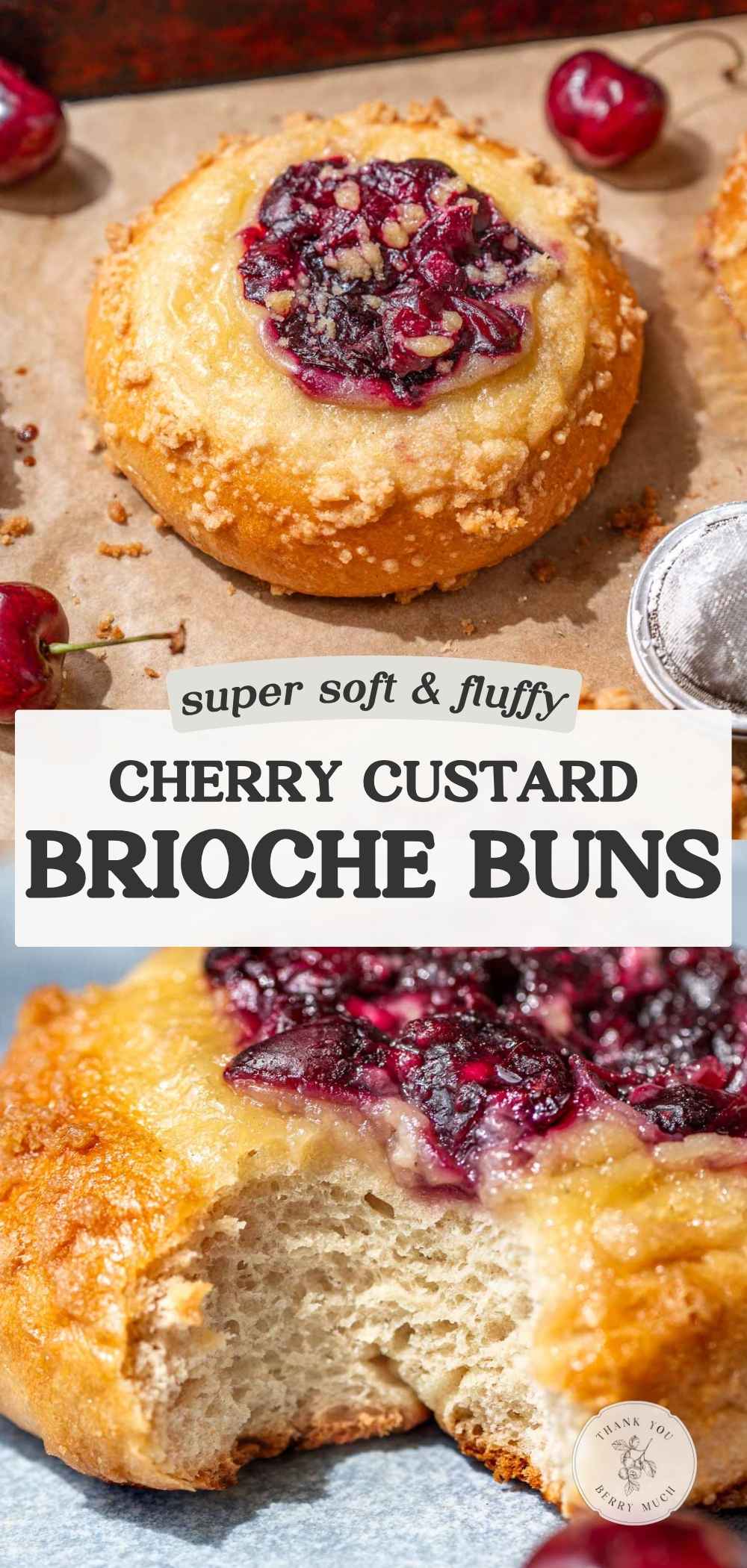 two image for the cherry custard buns with a text overlay.