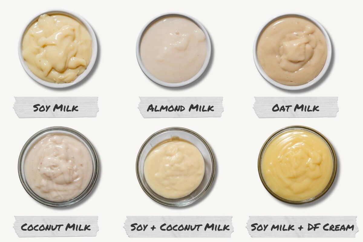 a graphic comparison six different custards made with various dairy-free milk to see which is the best.